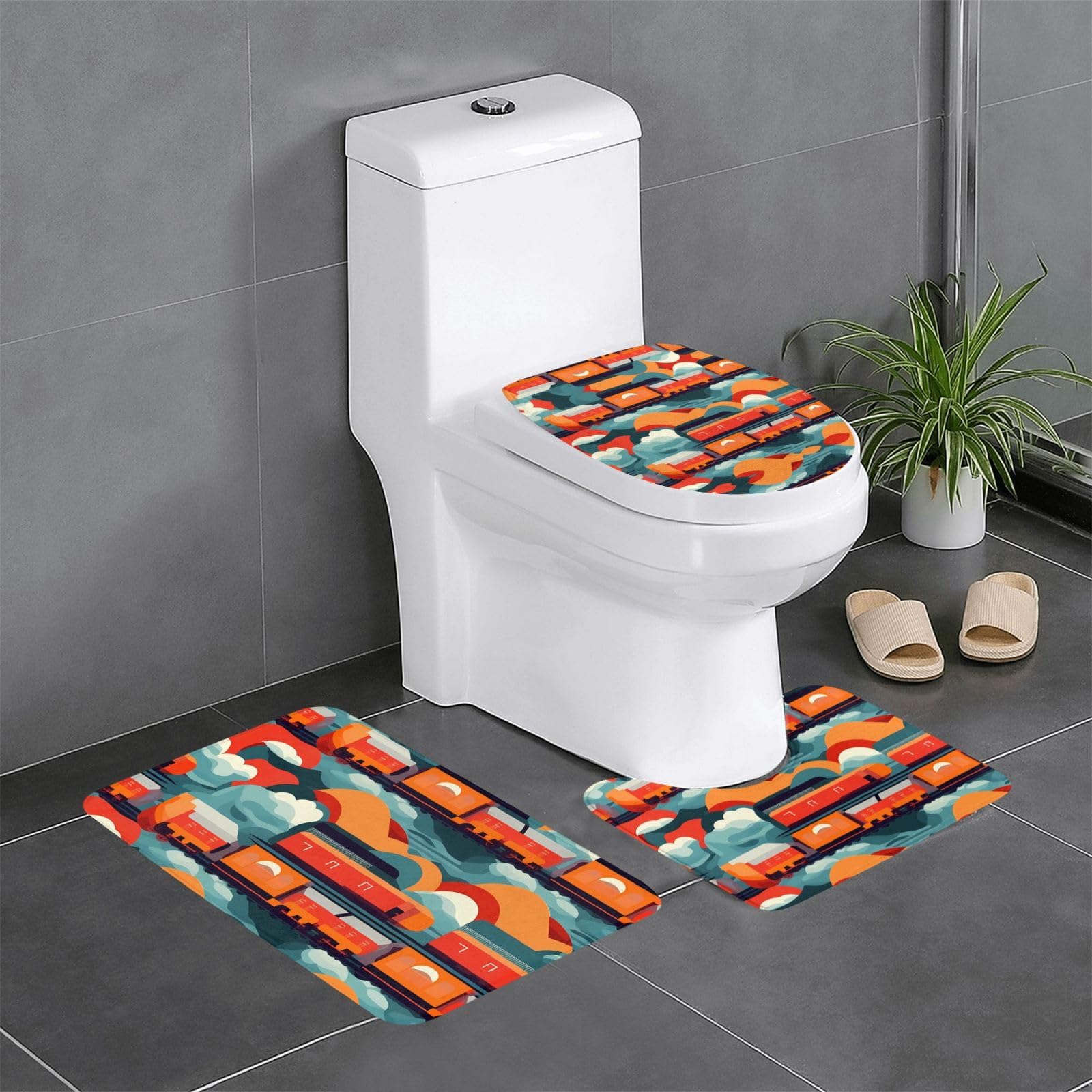 Tapis de salle de bain antidérapants lot de 3 avec motif train pour toilette et coiffeuse