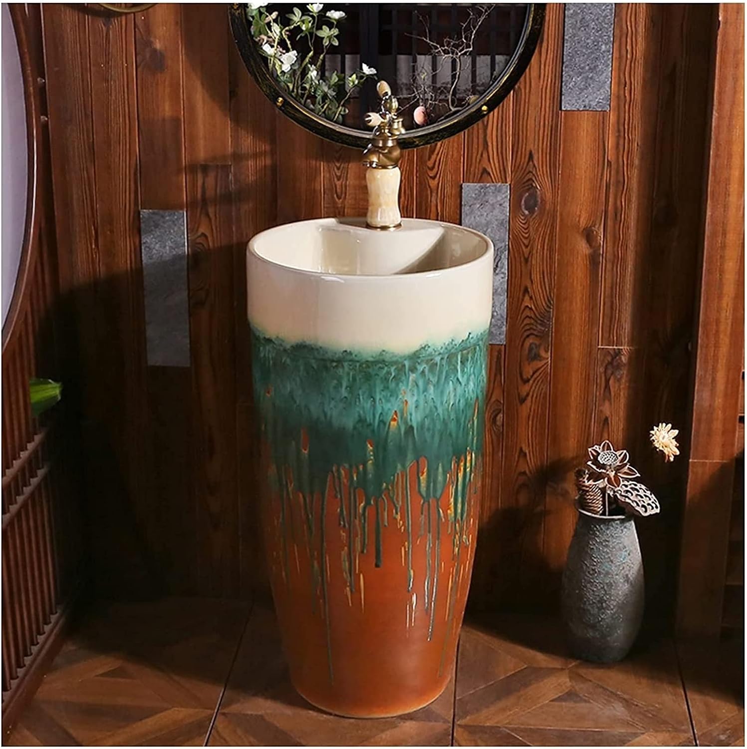 Freestanding Pedestal Sink Hotel Bathroom Basin, Small Apartment Sink, Art Toilets Basins Handmade with Drain Installation Hole, for Indoor and Outdoor (Size : Without (with mirr