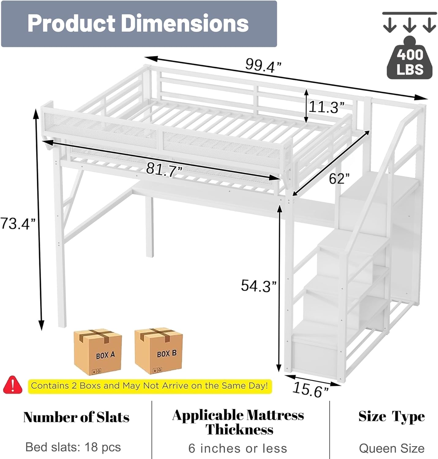 Queen Loft Bed with Desk and Stairs, Metal Lofts Bed Queen Size with Upper Storage Shelf, Gaming LoftBed with LED, Charging Station and Wardrobe for Teens, Adults,White