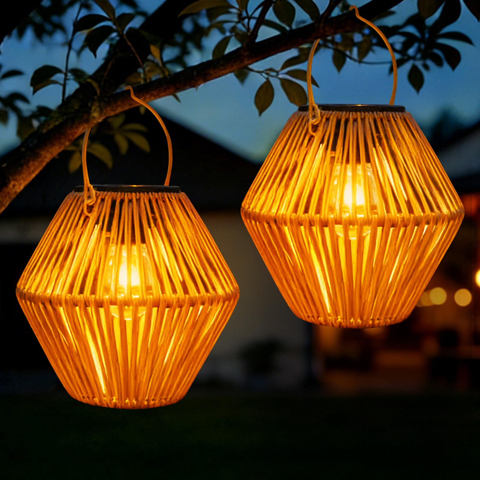 Solarlampen für Außen Garten Hängend, IP65 Wasserdicht Metall Rattan Solar Laternen für Draußen mit Helle LED Glühbirne, Solarlaterne Solarleuchten Gartendeko für Patio Terrasse Balkon Deko Wetterfest