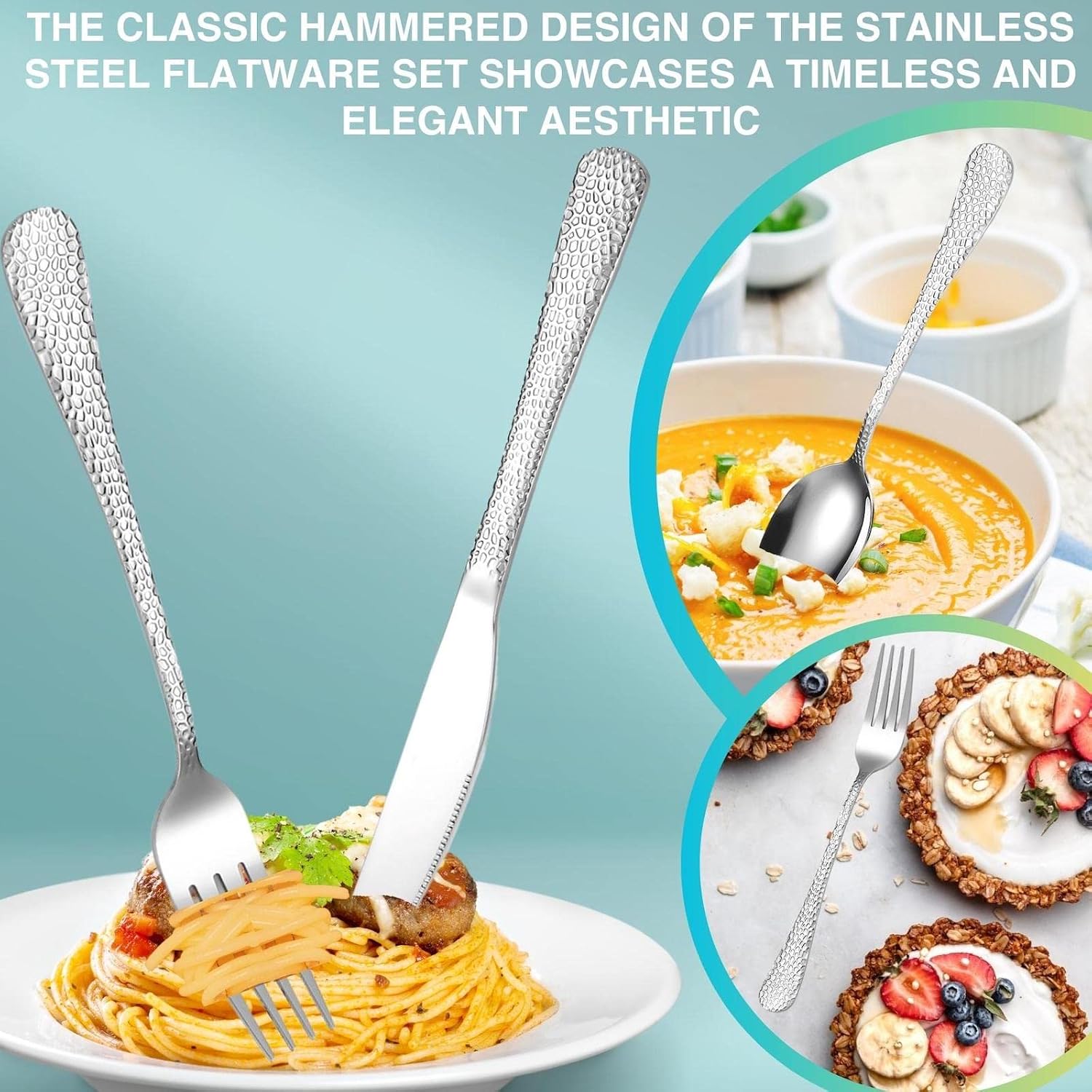 Hammered Silverware Set, Vilihkc 20-Piece Stainless Steel Flatware Set for 4, Modern Eating Utensils Tableware Cutlery Set for Kitchen Hotel Restaurant Party, Mirror Polished - Dishwasher Safe