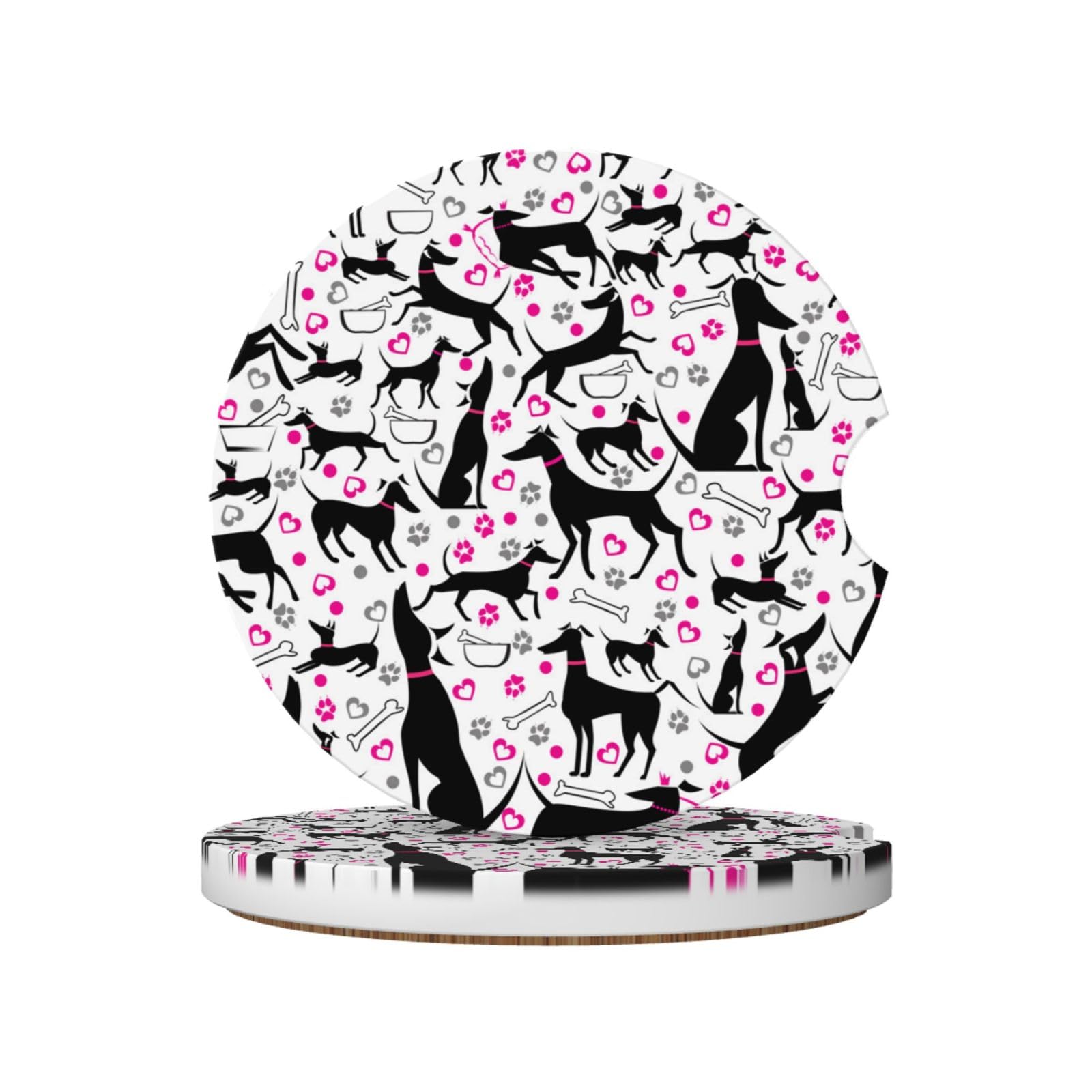 Greyhounds And Paw Heart, Car Cup Holder Coasters 2 Pack, Absorbent Ceramic Car Coasters with Non Slip Cork Base