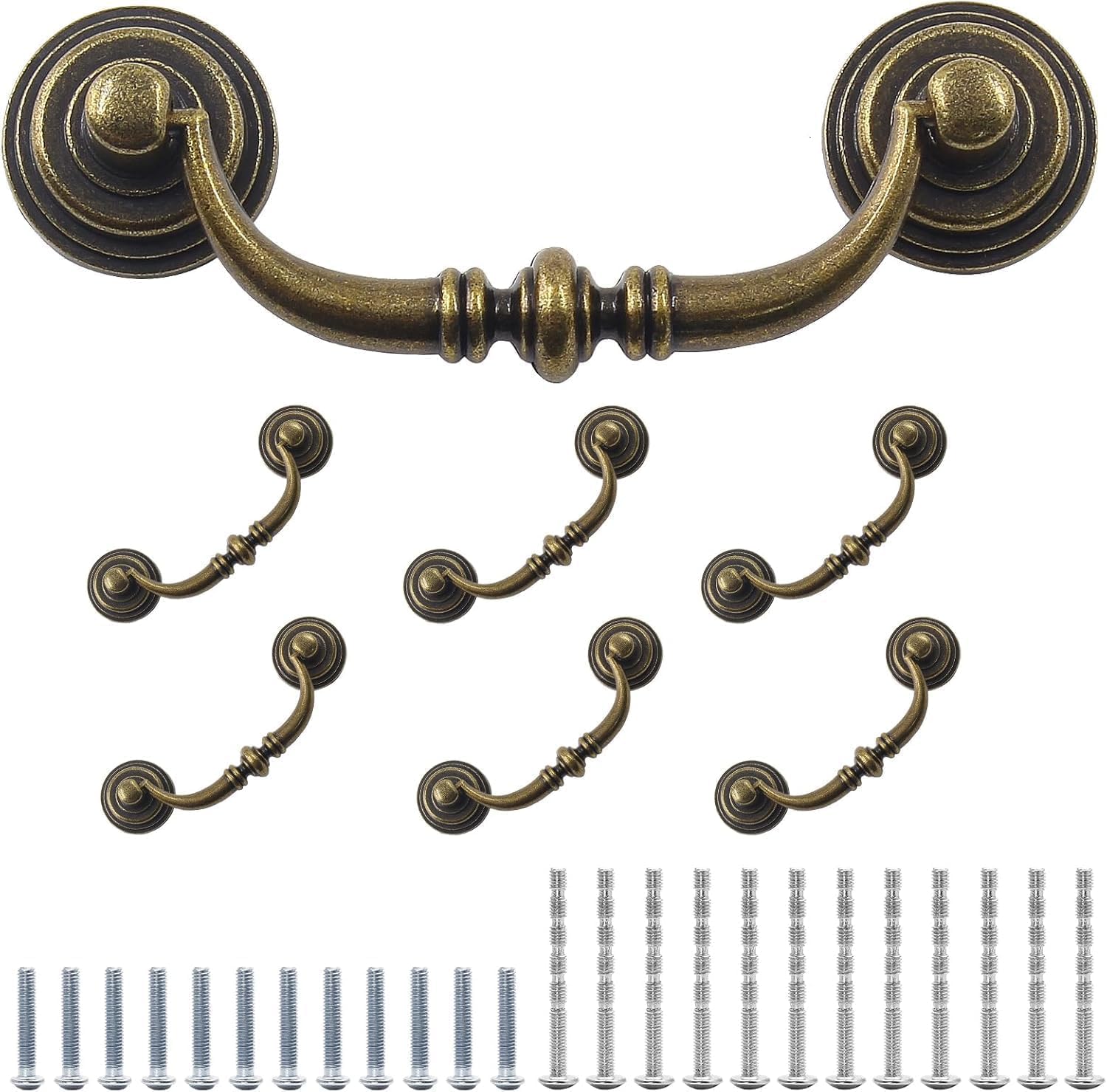 6 Pack Antique Bronze Drawer Pulls, 3 1/2 Inch Hole Center Vintage Dresser Handles, Zinc Alloy Drop Bail Pulls for Kitchen Cabinets, Cupboard, Desk Drawer Hardware