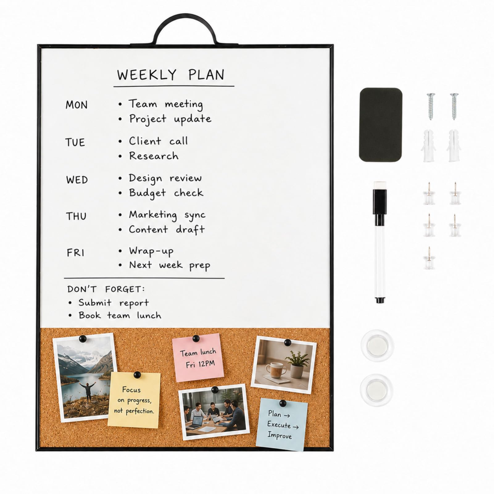 Minifactory Whiteboard for Wall Hanging Magnetic Dry Erase Board with Aluminium Frame & Portable Handle Lightweight Message Memo Board for Kitchen Office School Dorm Black (with Corkboard)