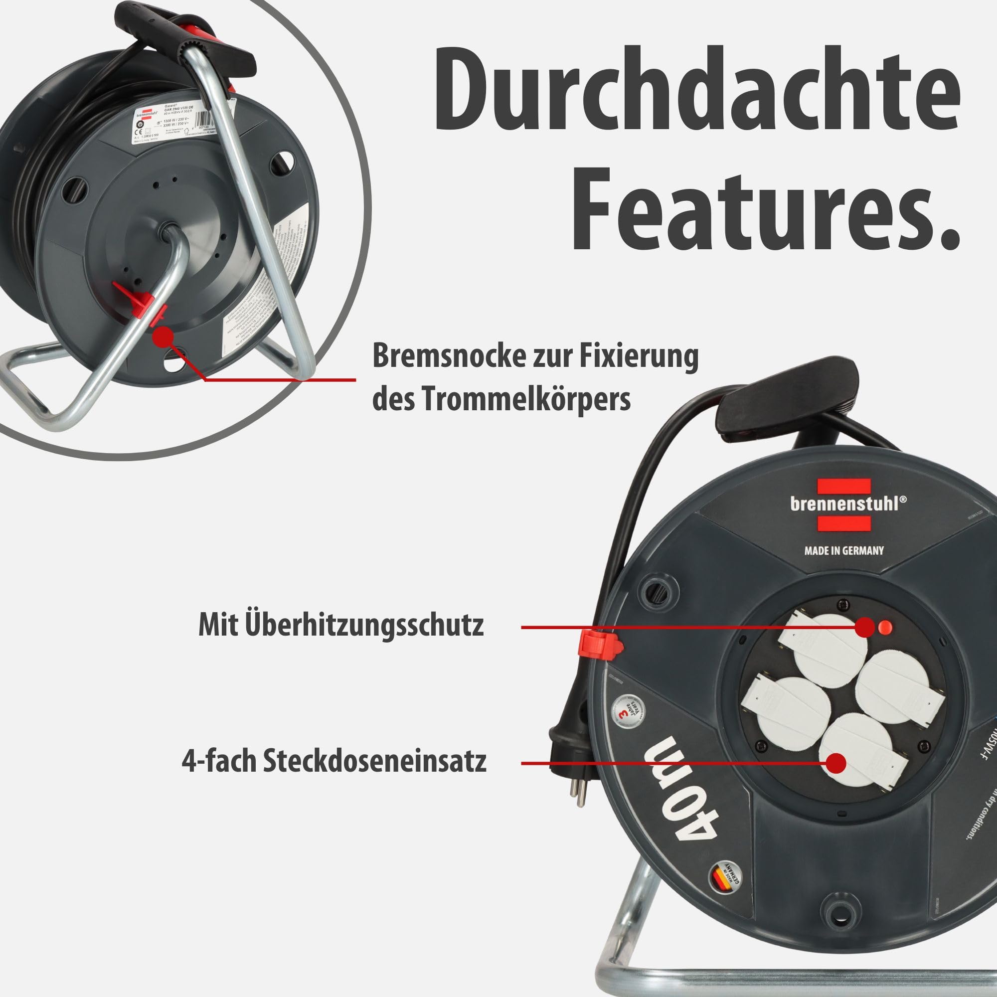 Brennenstuhl Garant V2 Kabeltrommel 40m Kabel (Made in Germany, 4 Schutzkontakt-Steckdosen, Überhitzungsschutz, Trommelkörper aus Spezialkunststoff)