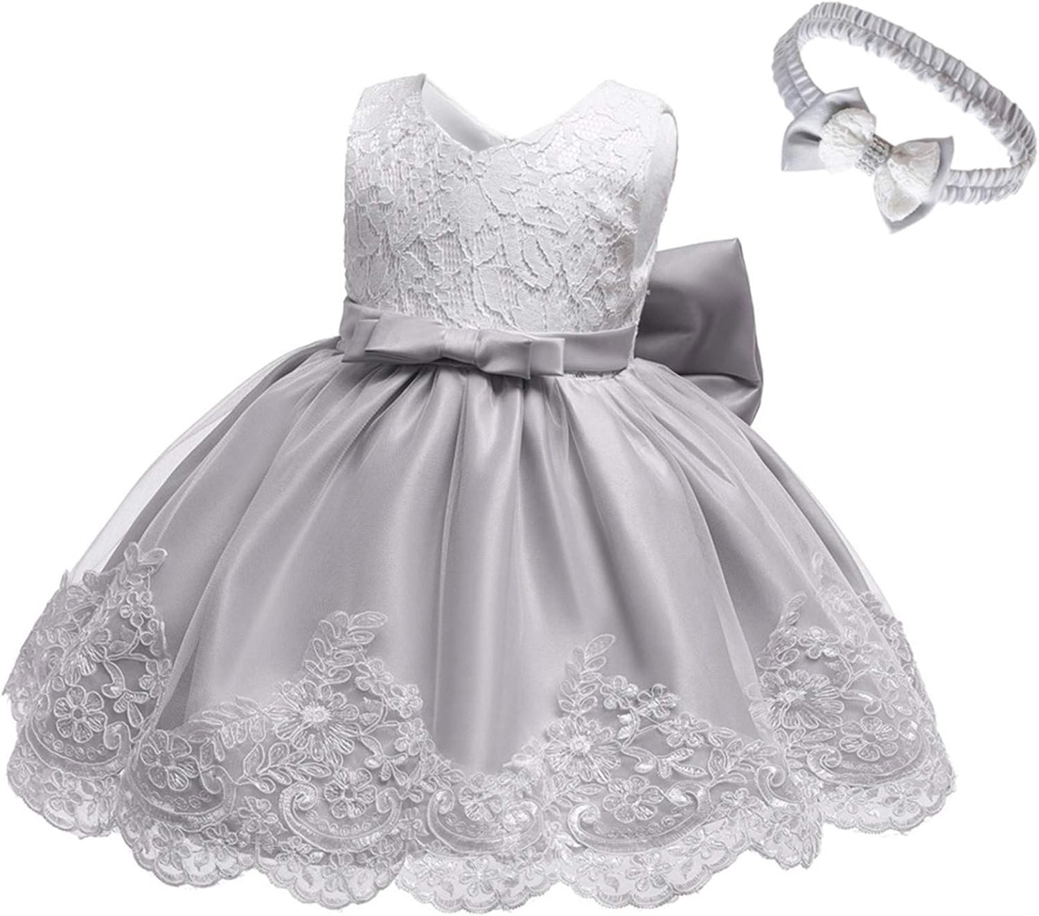 Formal Tutu Bowknot Princess Wedding Baby Clothes Lace Dress+Headband Girls Set Baby Holiday (Grey, 0-3 Months)