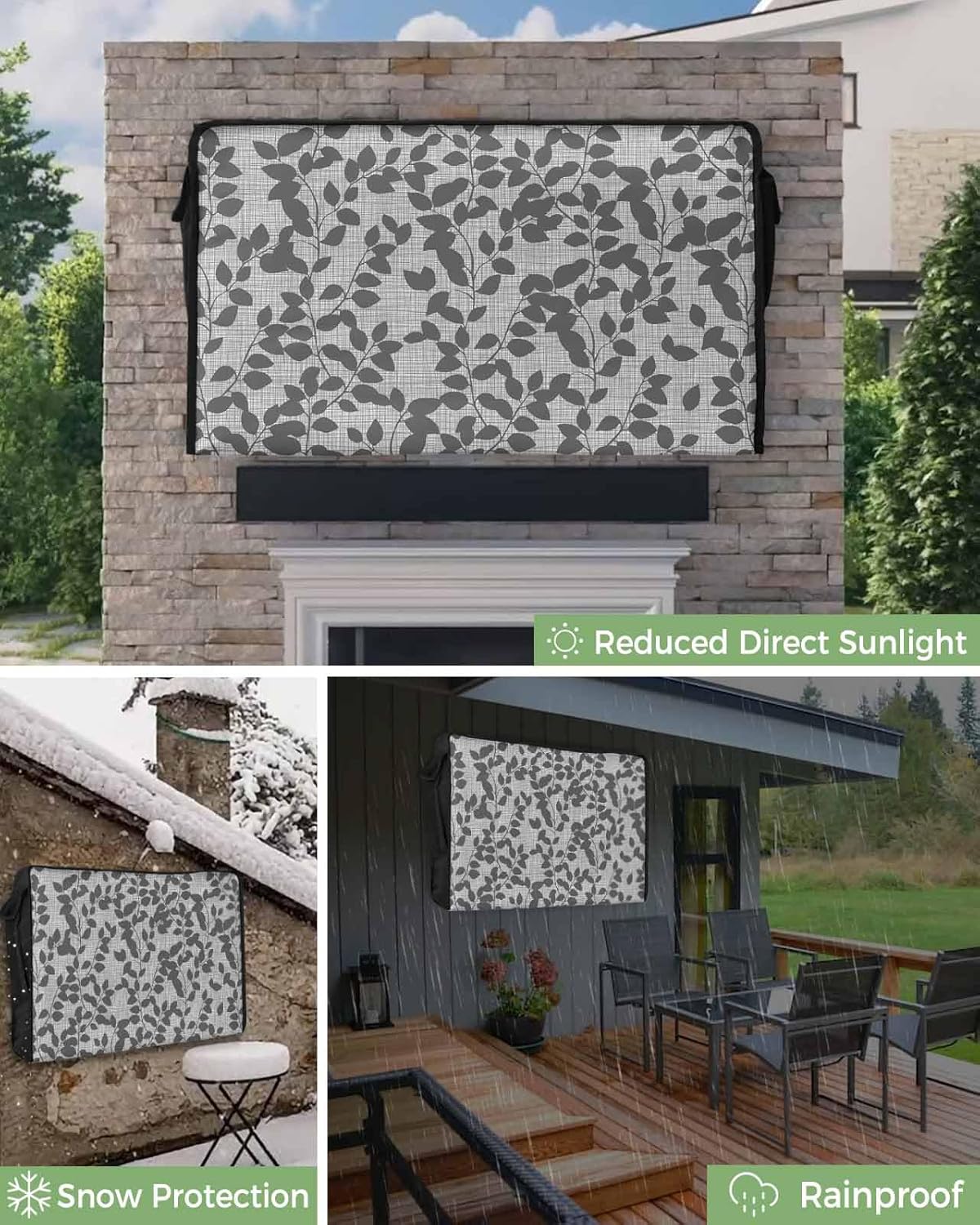 Outdoor TV Cover Farmhouse Botanical Gray Leaves Pattern Waterproof and Weatherproof 48"-50" LCD Movable Shield TV Display Screen Protector Outside Television Covers