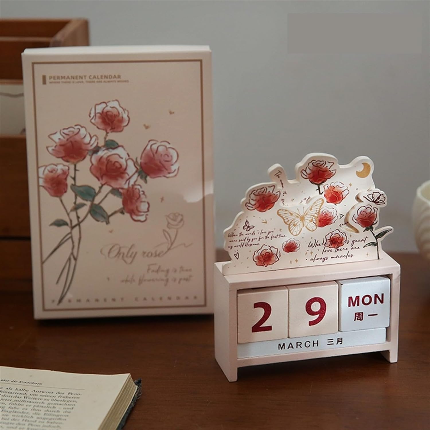YLWX Rose Wooden Perpetual Calendar Block Calendar
