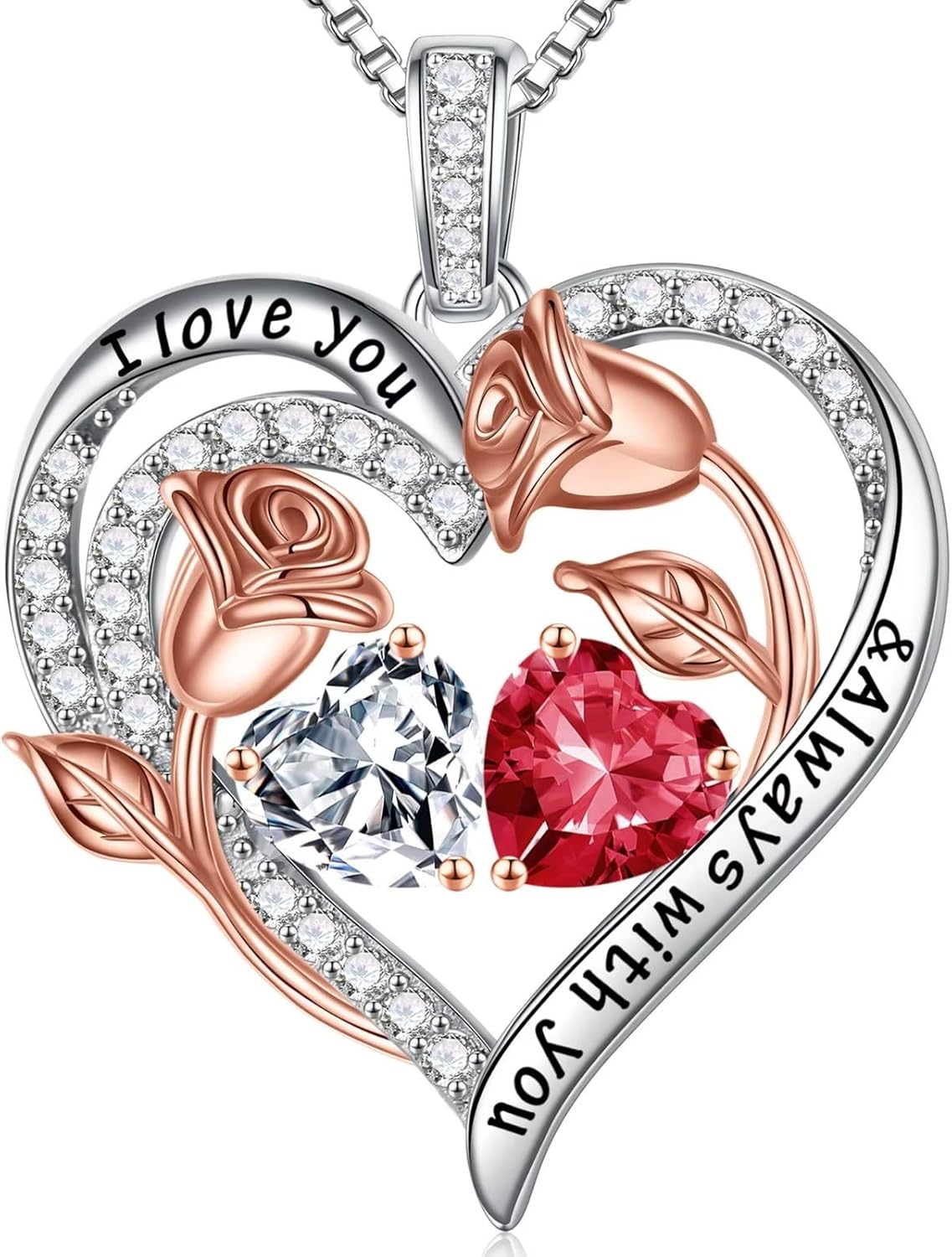 Iefil Valentines Day Gifts for Her - 925 Sterling Silver Rose Heart Birthstone Necklace Birthday Anniversary Jewelry Gifts for Her Wife Mom Daughter