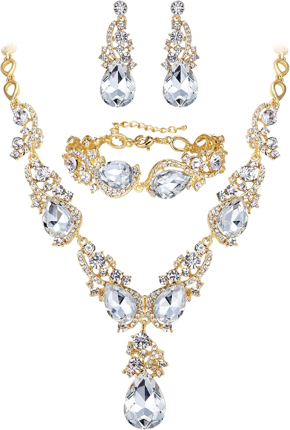 BriLove Wedding Bridal Jewelry for Women Multi Teardrop Cluster Crystal Statement Necklace Dangle Earrings Link Bracelet Set