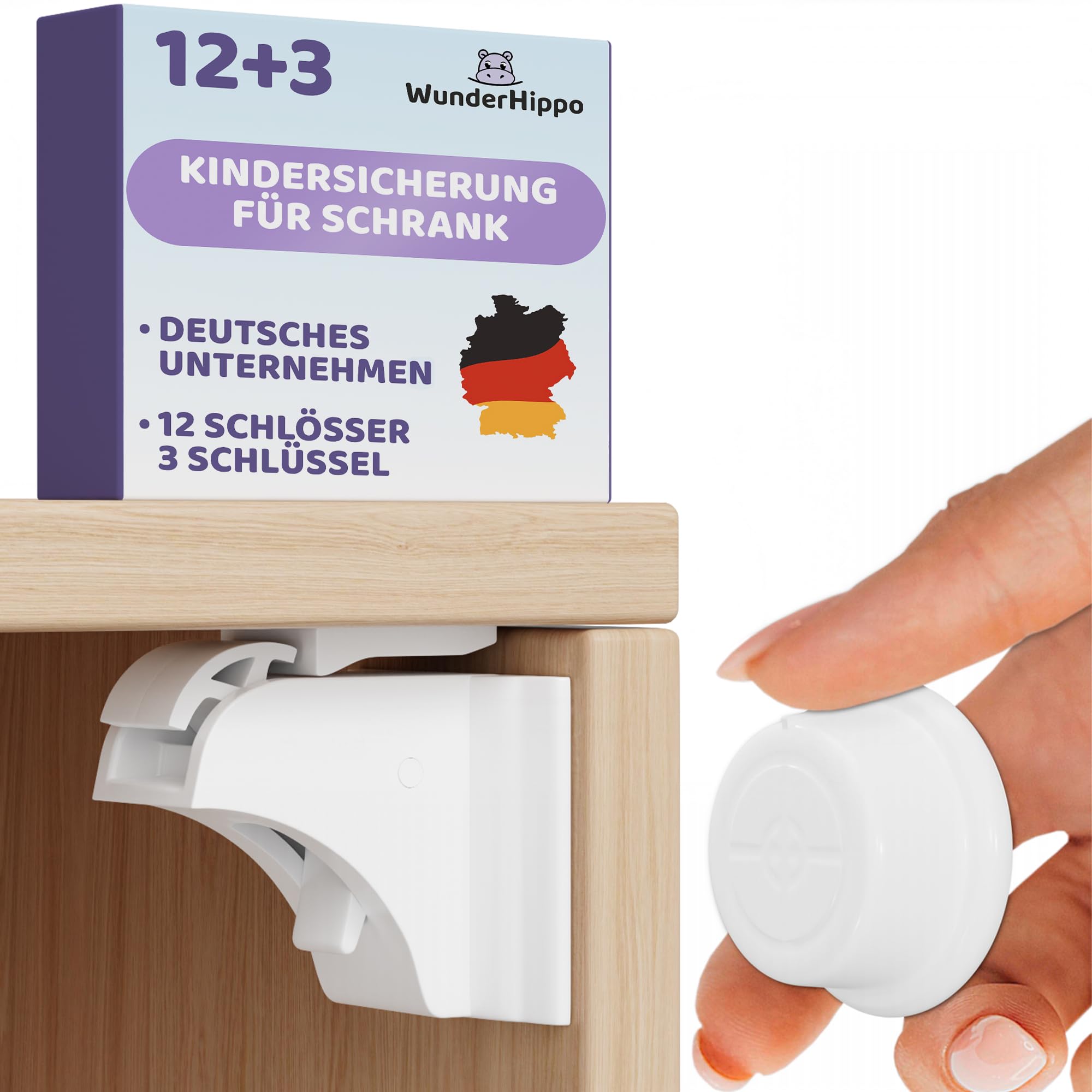 WunderHippo Magnetische Kindersicherung 12 Schlösser + 3 Schlüssel – Unsichtbarer Magnetverschluss – Schranksicherung & Schubladensicherung ohne Bohren – Weiß