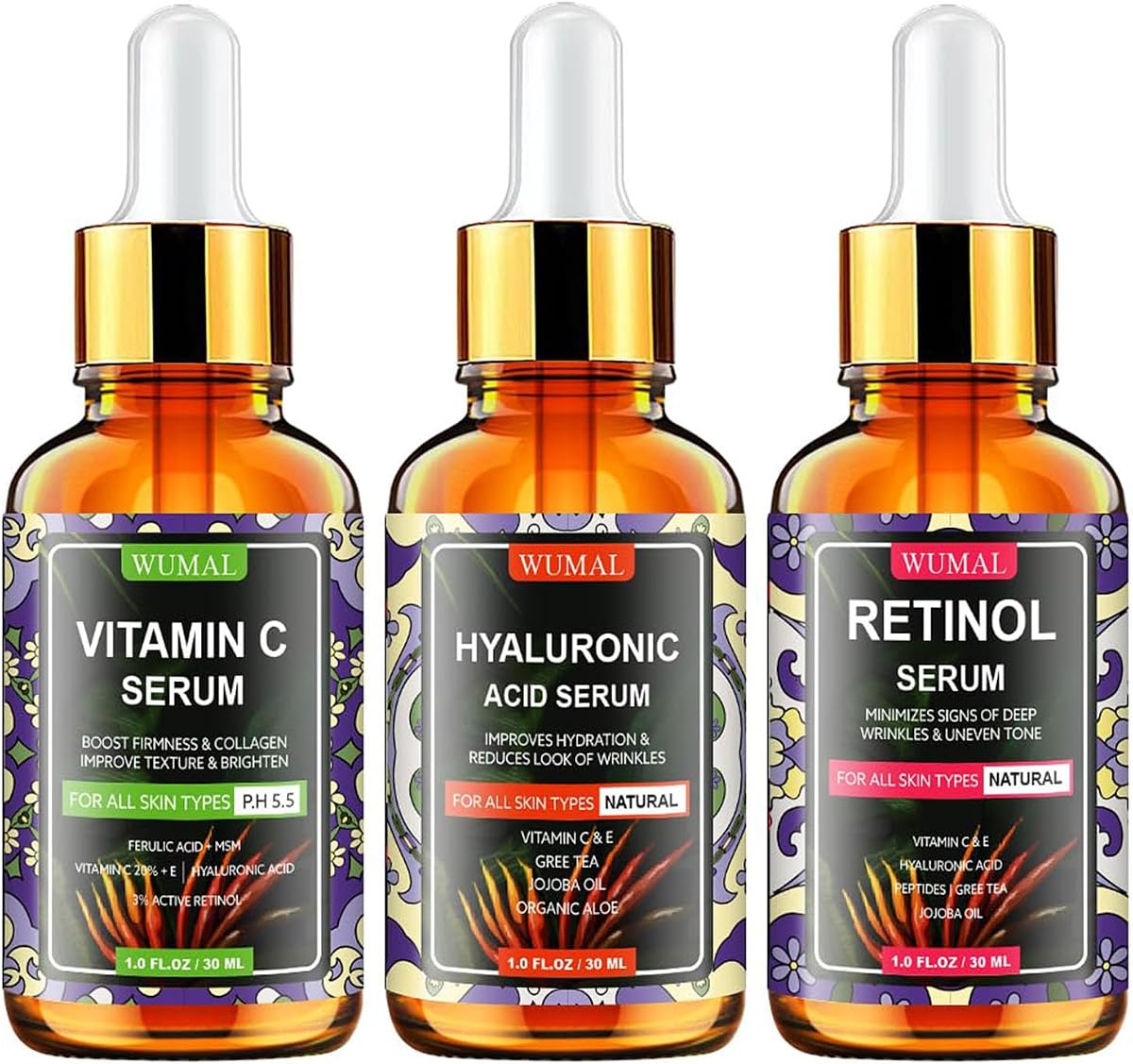 Paquete de 3 sueros faciales - Incluye vitamina C, retinol y ácido hialurónico - Reafirmante, iluminador e hidratante - Restablece tu piel día y noche