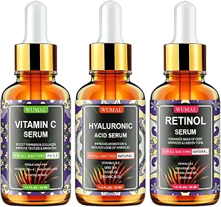 WUMAL 3 Pack Face Serum Set: Vitamin C, Retinol & Hyaluronic Acid - Brighten, Firm & Hydrate Skin Day & Night