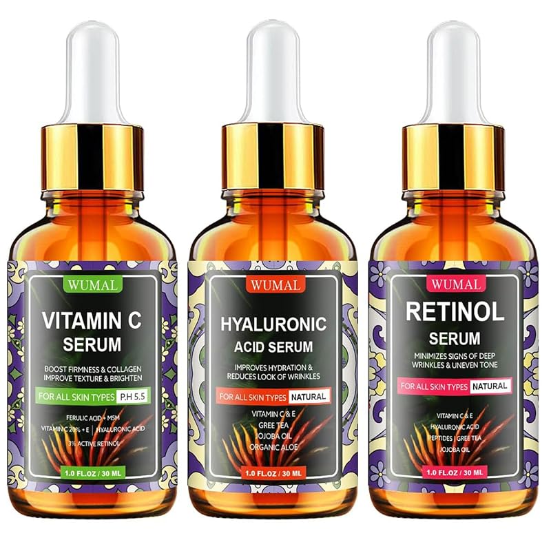 Conjunto com 3 séruns faciais WUMAL com Vitamina C, retinol e ácido hialurônico