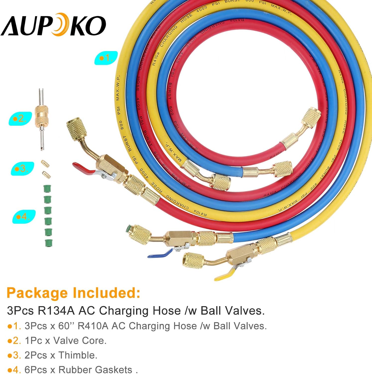Aupoko AC Refrigerant Charging Hose with Ball Valve, 3-Color 60" R410A HVAC Hoses Kit with 1/4’’ SAE Thread, with Valve Core Remover Kit for R410A R134A R12 R22 R502 R404 Air Condition Maintenance