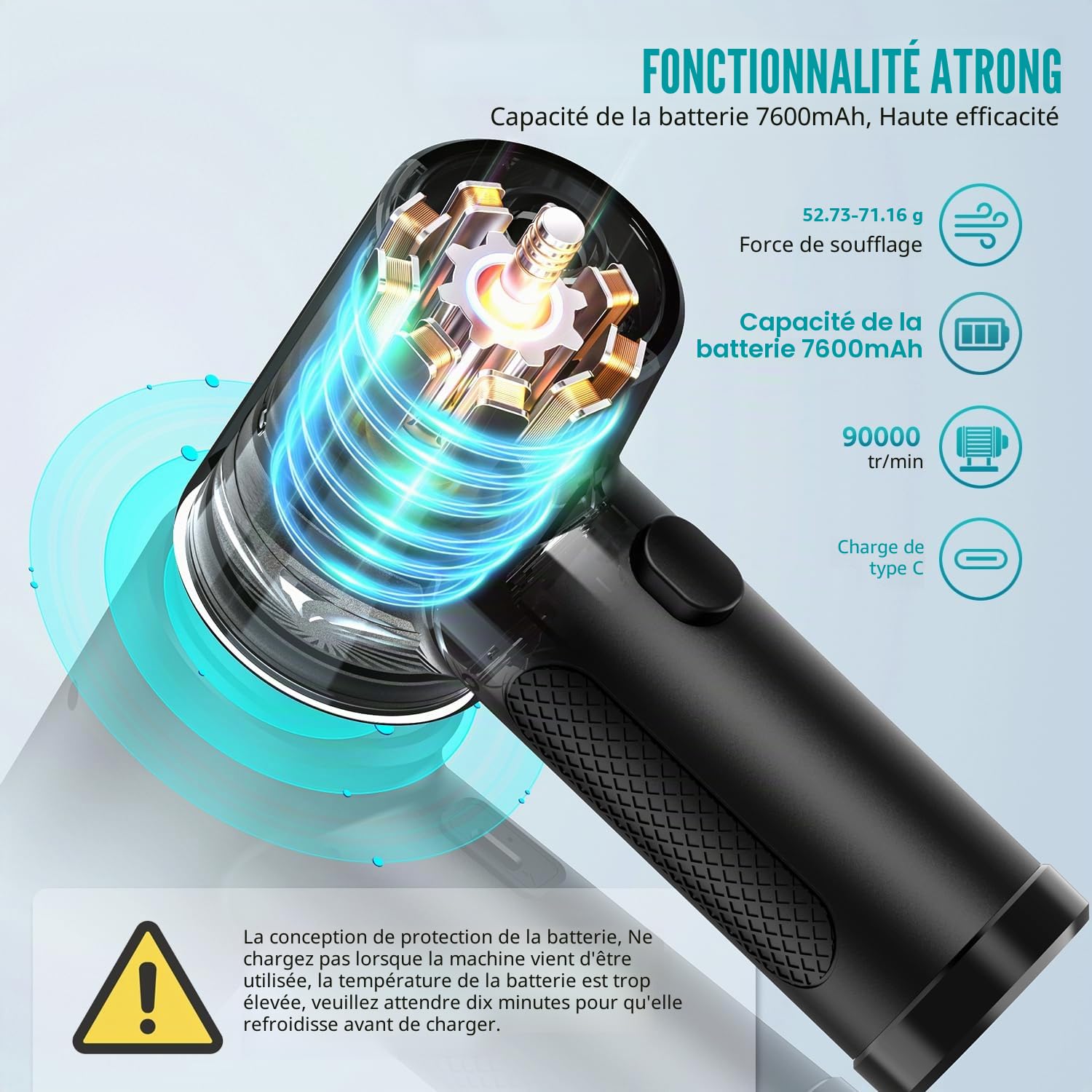 Souffleur Air Comprimé- 91 000 tr/min, Rétroviseur de vélo à écran puissant, rotation à 360 °, matériau ABS respectueux de l'environnement et durable, support de guidon universel
