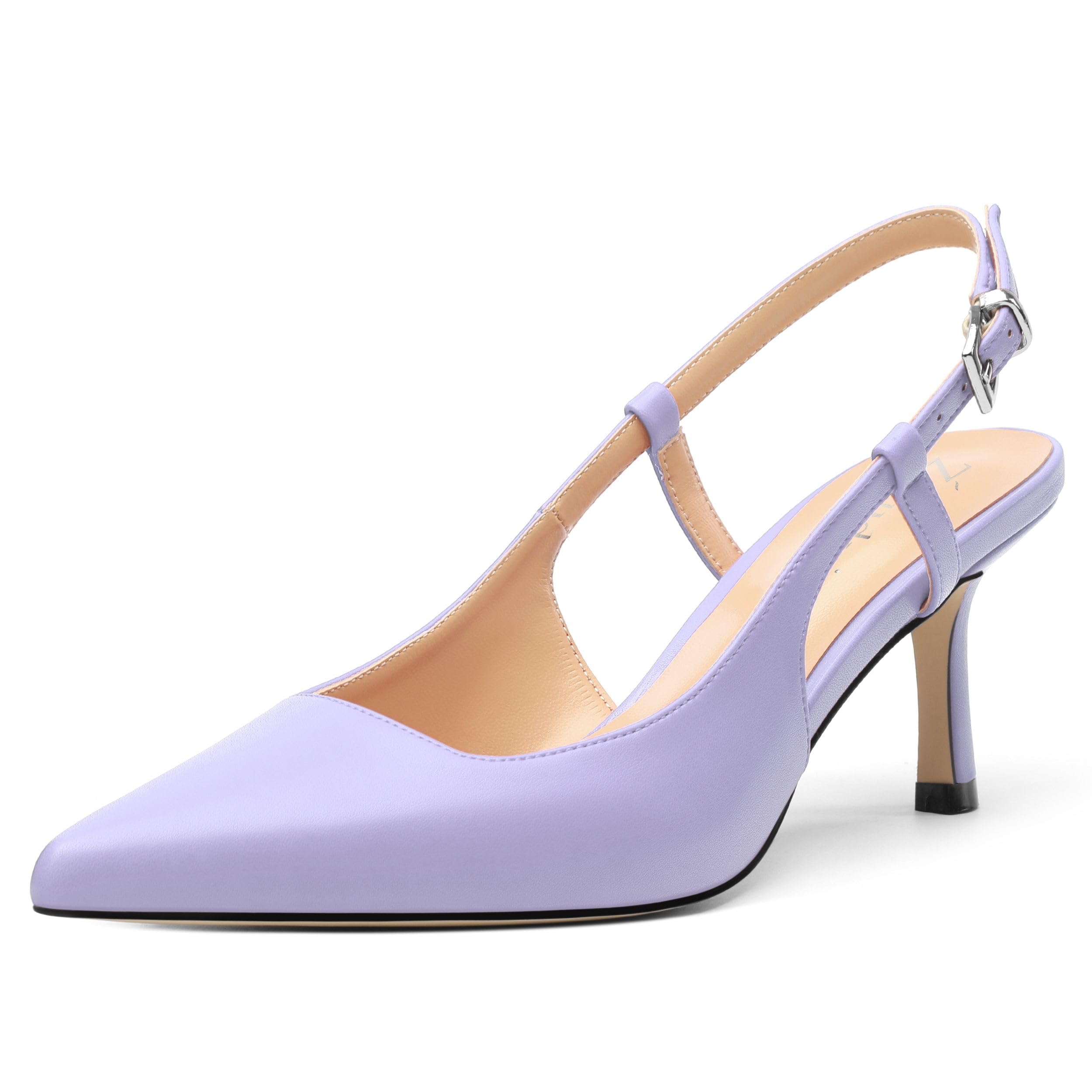 zasudxie Women's Pointed Toe Matte Slingback Pumps Ankle Strap Mid Stiletto Heel Dress Shoes 2.55 Inch