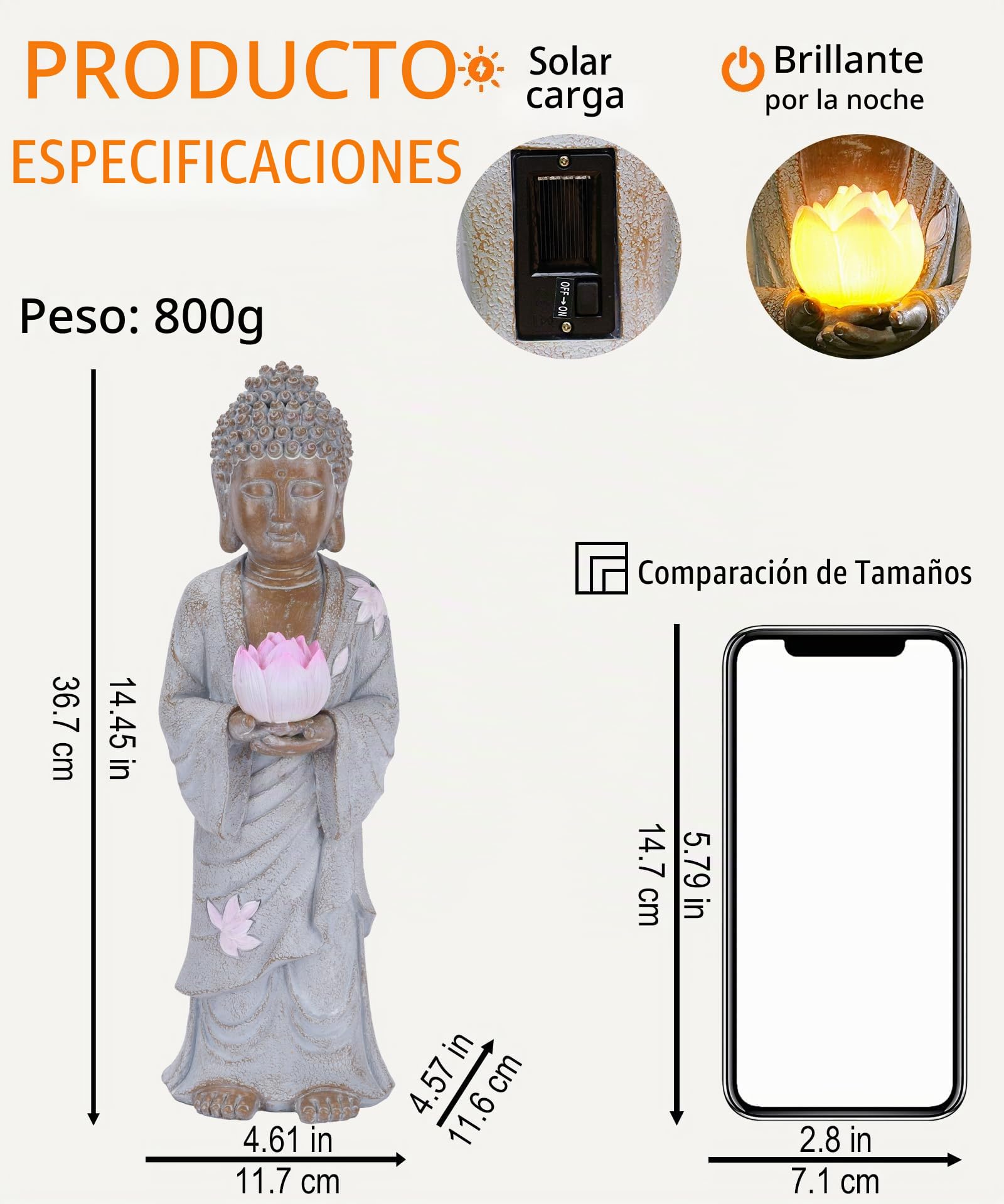 Yeomoo Figura de Buda de pie con LED solar de loto, decoración de jardín, resistente a la intemperie, para jardín, salón, Feng Shui, espiritual, regalo para mujeres, mamá y hombres, 37 cm