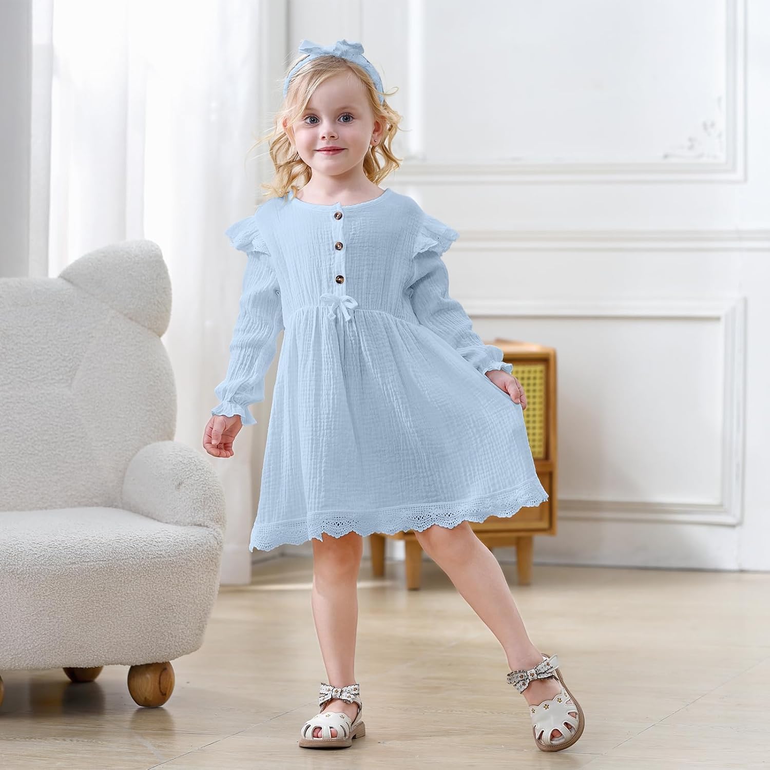 Sinhoon Toddler Fall Dress Baby Girl Dress Ruffle Long Sleeve Toddler Girl Dress Smocked Baby Fall Dresses with Bow Headband - Image 3