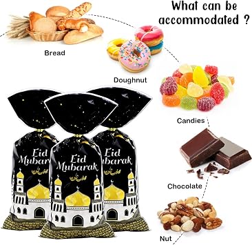 Eid Mubarak Goodie Bags, 100 Pieces Muslim Castle Moon Star Pattern Ramadan Treat Bags Cellophane Bags Goody Favor Bags with Gold Twist Ties for Muslim Islamic Eid Iftar Diwali Party Kids Gifts -