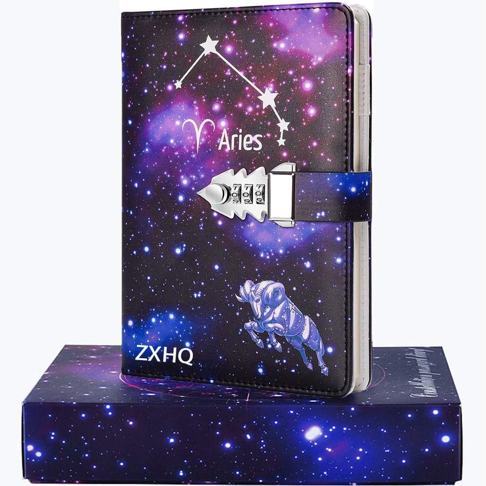 ZXHQ Constellation Starry Sky Diary with lock Secret Diary for Girls and women, Refillable Personal Journal with Lock 110 Sheets/220 Pages,Size A5(8.5 X 5.9 Inch) Aries
