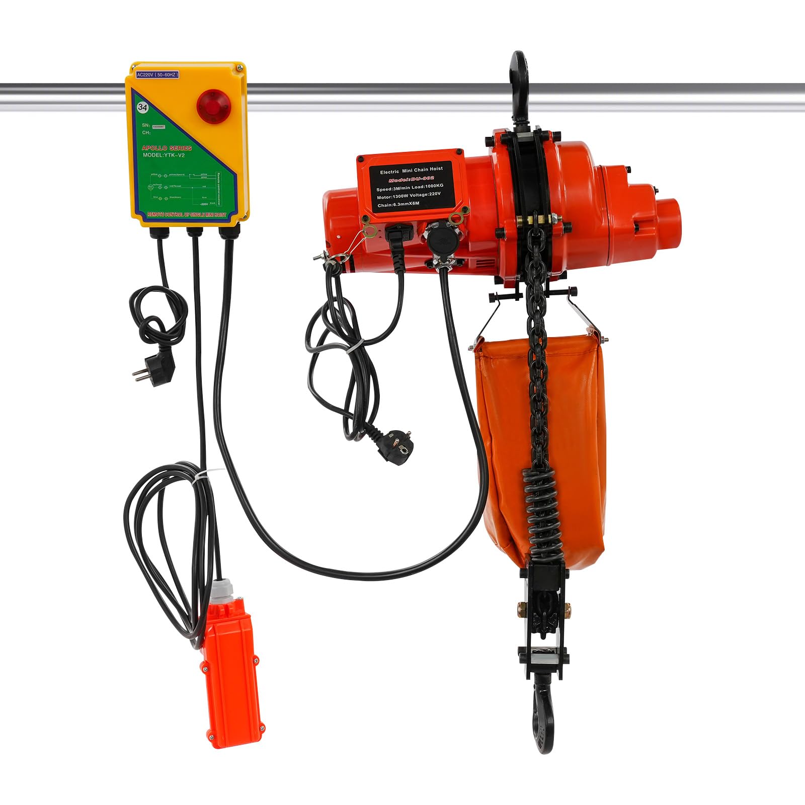 Elektrischer Kettenzug 1000kg, Hebezug mit Fernbedienung, 1300W, 6m Hubhöhe, 100m Kabellose und 4,5m Kabelgebundene Fernbedienung, Elektrische Seilwinde für Fabrik, Lager, Werkstatt (Rot+Orange)