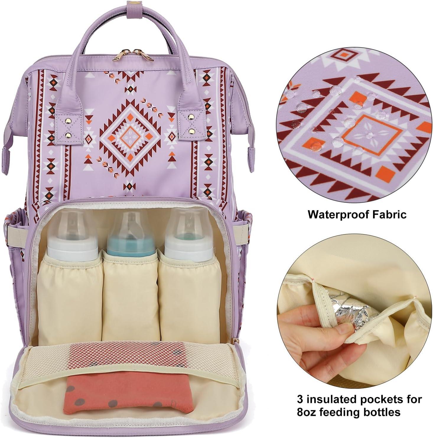 Boho Diaper Bag Backpack for Mom Dad, Multifunctional Bohemia Baby Nappy Backpack with Stroller Straps Insulated Pockets (Purple)