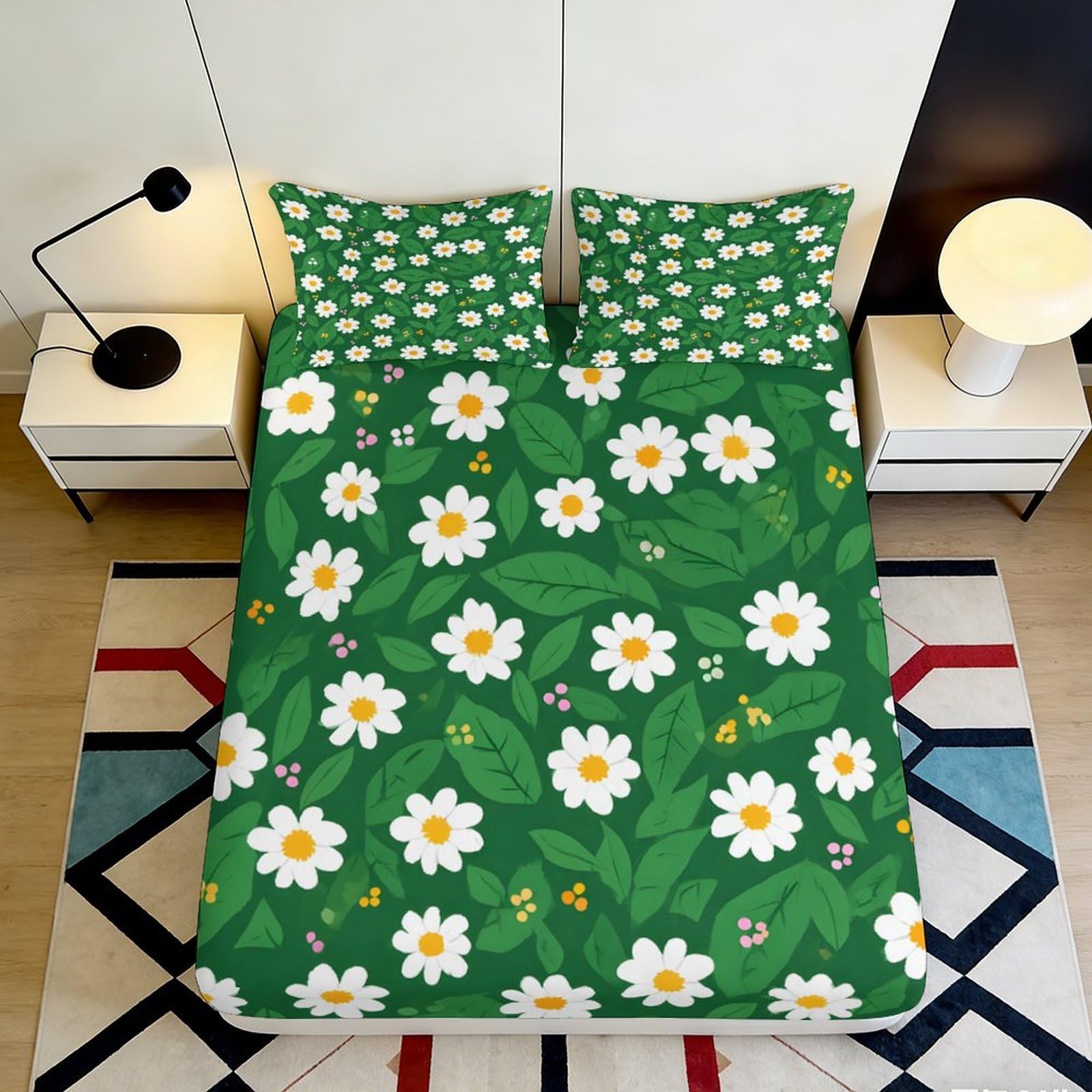 Pnayamiorkfel Style-8 3D Printed Daisy Meadow Fitted Sheet Microfiber Soft Green Floral Bed Cover For Bedroom Guest Room Mattress Decor 90X200x25cm