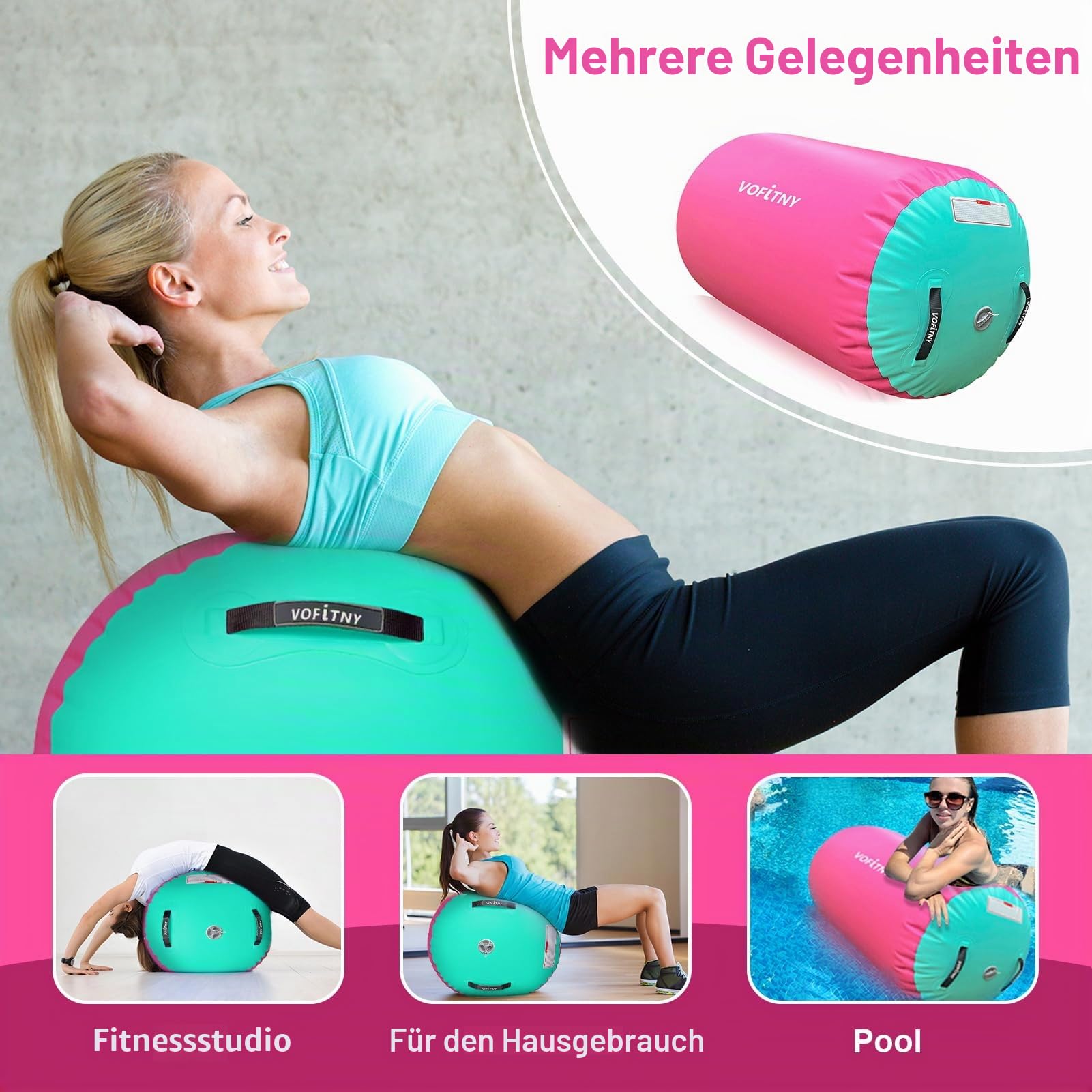 VOFiTNY Aufblasbare Rolle Gymnastik Yoga Turnmatte Air Barrel Tumbling Track Balance Trainer Luft Roller