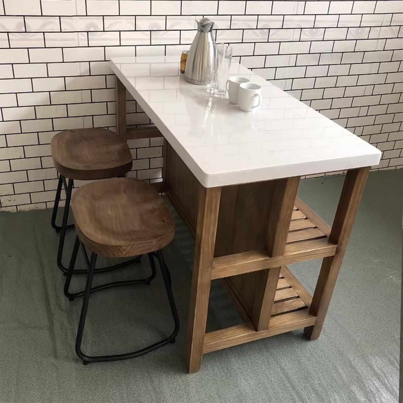 Zf9tBw5sH Unità cucina ad isola Isola della cucina in legno con tavolo di preparazione for riporre gli oggetti e ripiani aperti sul ripiano in pietra bianca