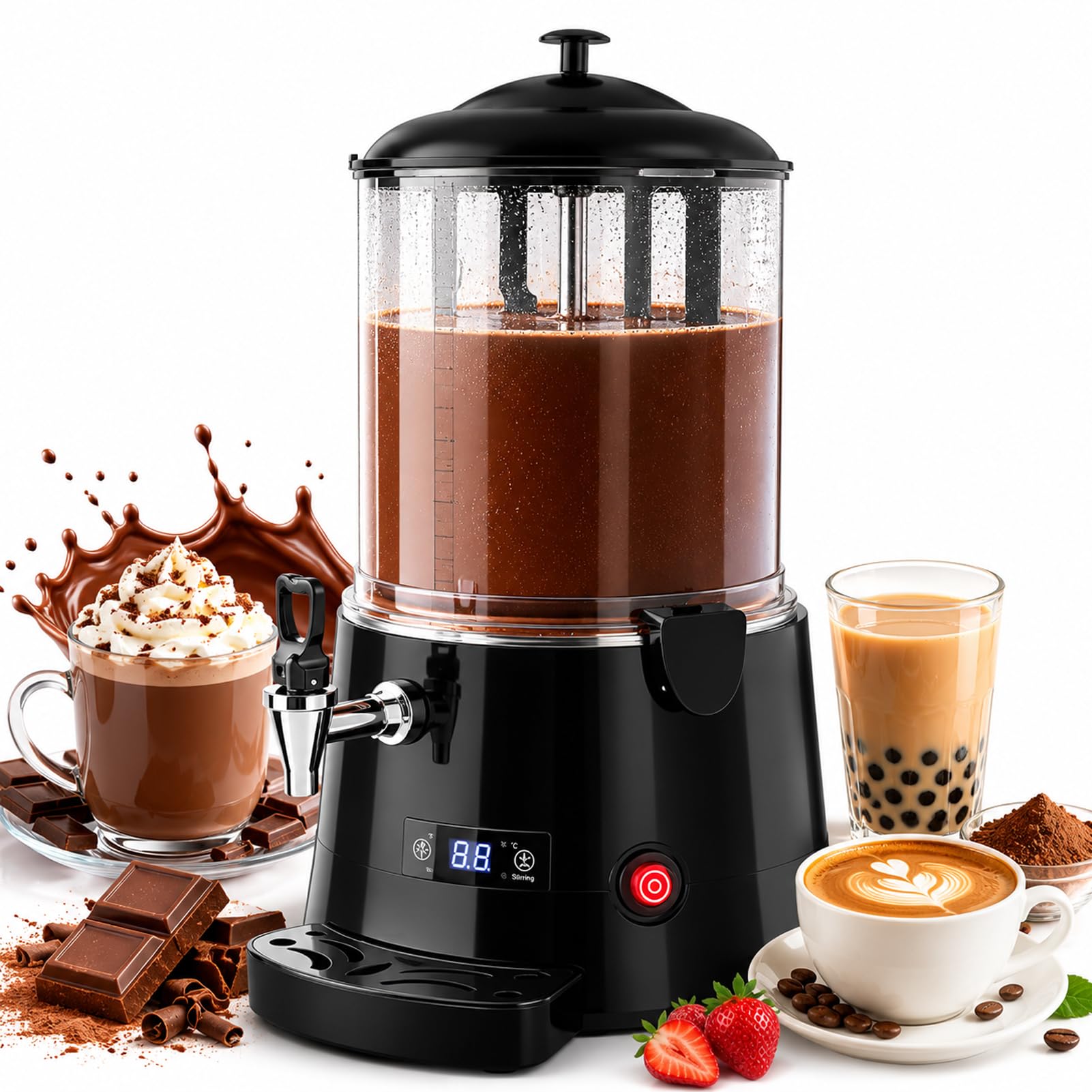 LYJIANGXIN 10L/2.6Gal Hot Chocolate Machine, 220V Hot Chocolate Melting Machines, 400W Commercial Hot Drink Dispenser with 86-194°F Temp Control, Removable PC Bowl for Cocoa, Milk, Coffee, Red Wine