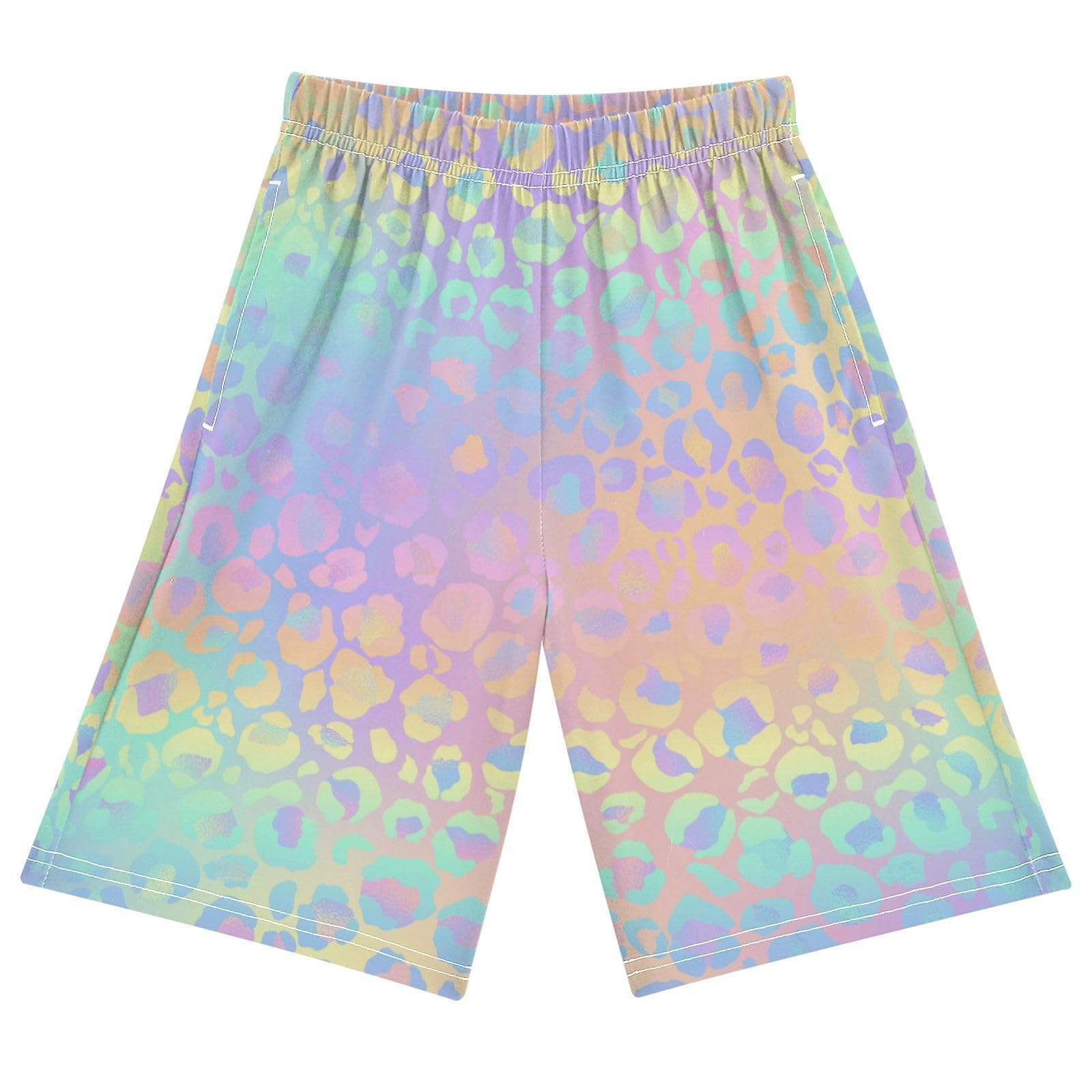 Leopard Print Cheetah Rainbow Gradient Youth Athletic Shorts for Boys and Girls Size 11-12 Years