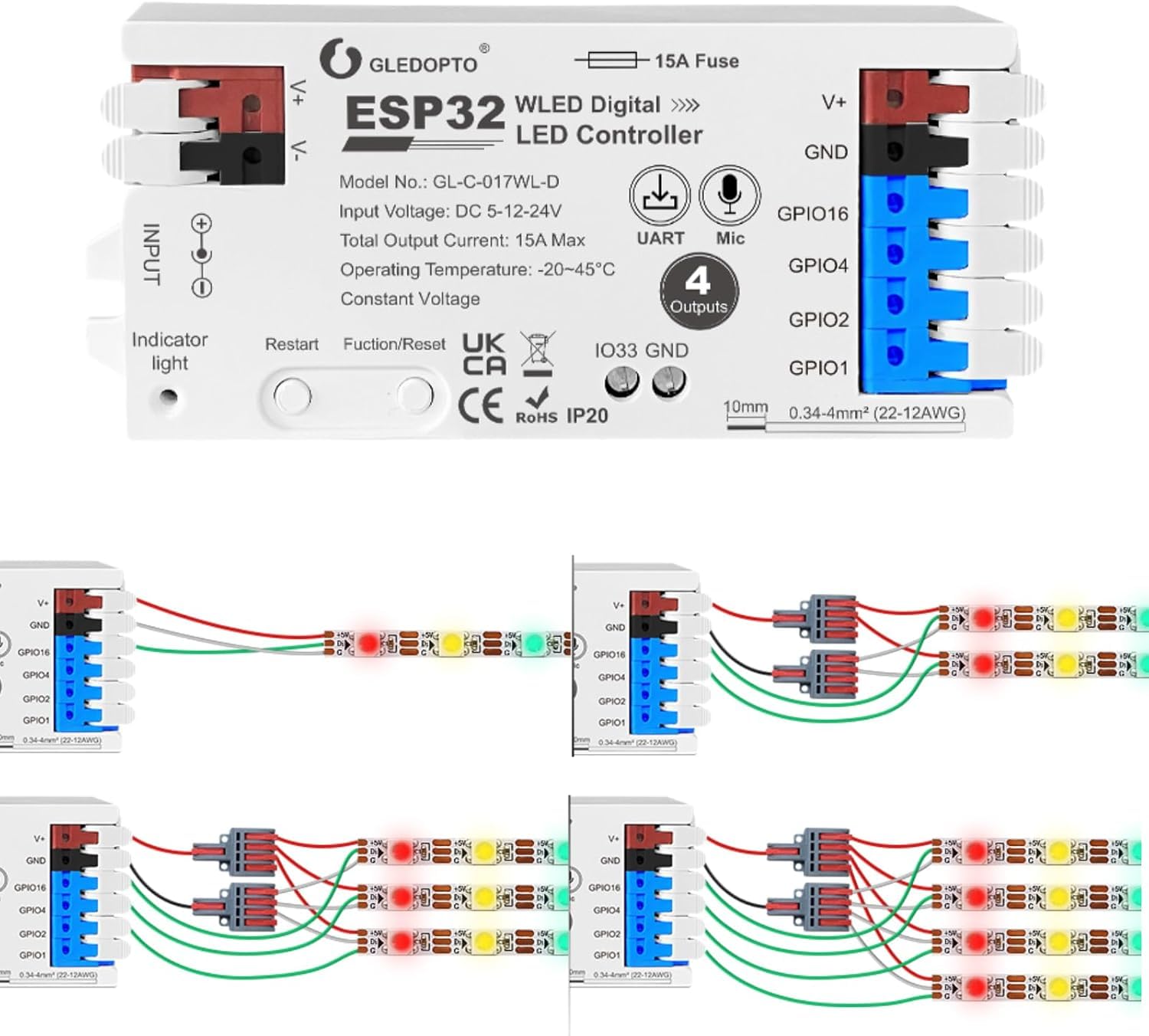 ESP32 WLED cyfrowy kontroler LED z 4 kanałami, bezpiecznik 15 A, dźwięk mikrofonu, UART, DIY-FCOB, adresowalna listwa świetlna do WS2811, WS2812, SK6812, TM1814, WS2813, WS2815 (GL-C-017WL-D)