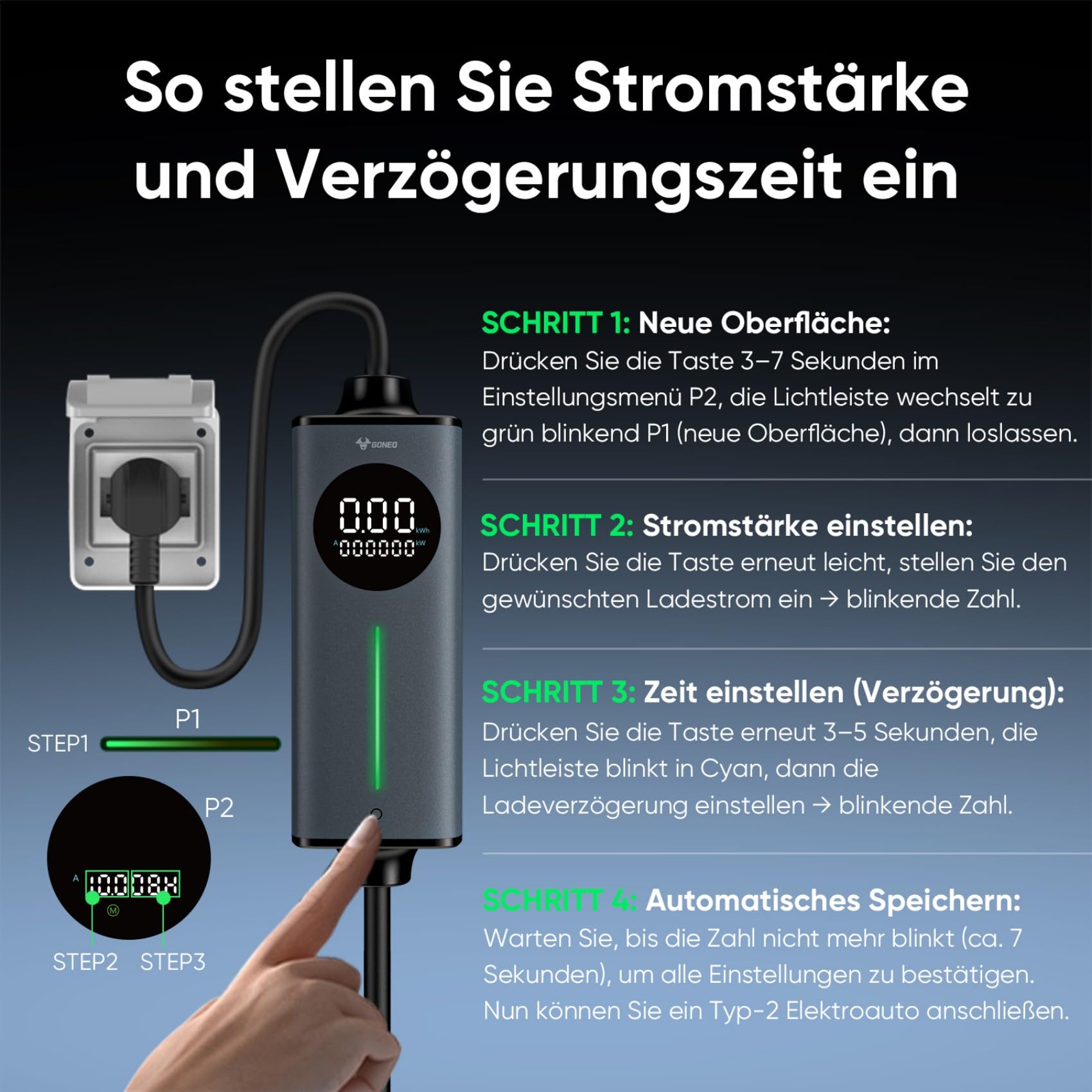 GONEO Ladekabel Elektroauto Typ 2 Schuko 16A 3,68 kW 230V 8M Mode 2 E-Auto | TÜV-zertifiziert, Temperaturschutz, Erdungserkennung, Fehlerstromschutz 30mA AC+6mA DC, Einstellbarer Ladestrom & Timer