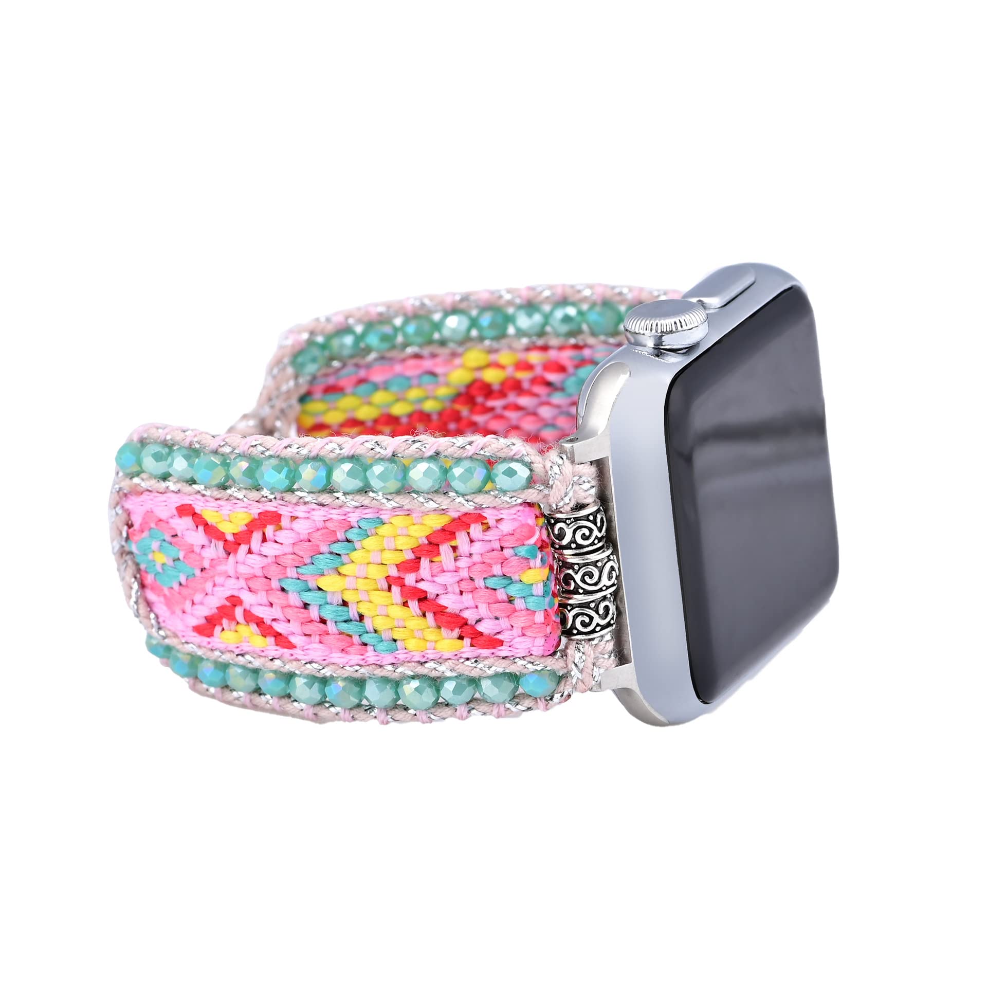 Retro Boho Braided Nylon Band Compatible with Apple Watch 40mm 41mm 38mm, Friendship Bracelet Handmade Woven Bohemian Beaded Western Dressy Strap for