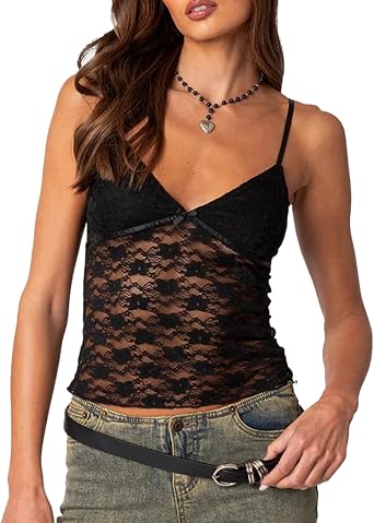 Women Y2K Lace Camisole Sexy Solid Color See Through Low Cut Spaghetti Strap Crop Tank Top Summer Going Out Wear