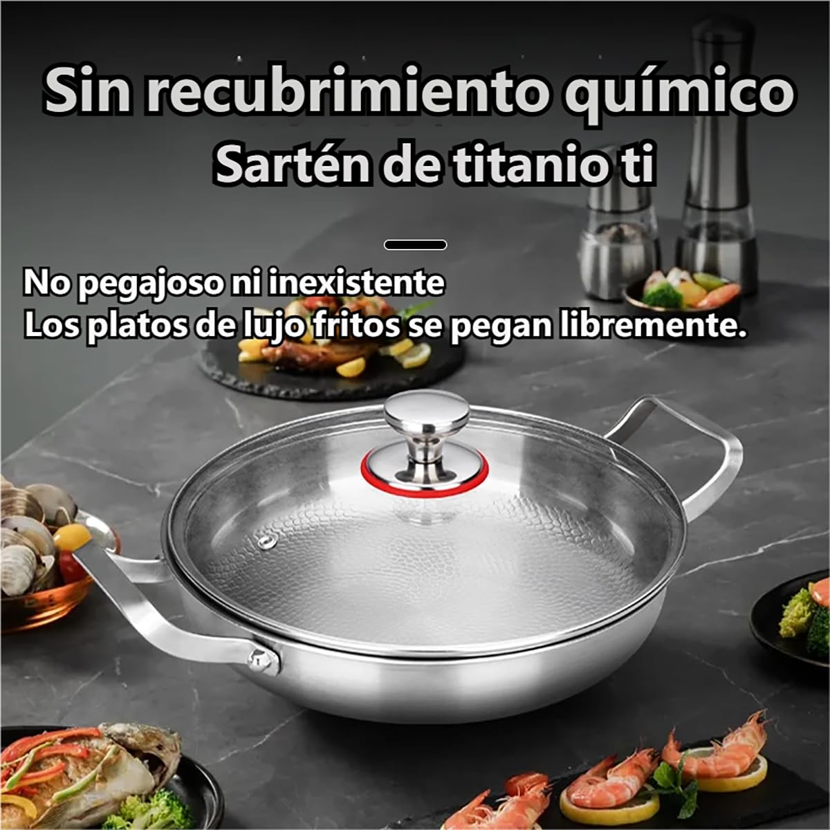Genérico 2026 Sartén de Titanio Puro, Sartenes de Titanio, Antiadherente Sin PFOA, Base Inducción Imanética, Para Cocina Saludable Sin Aceite, Incluye Tapa y Mango Ergonómico (A, 28cm)