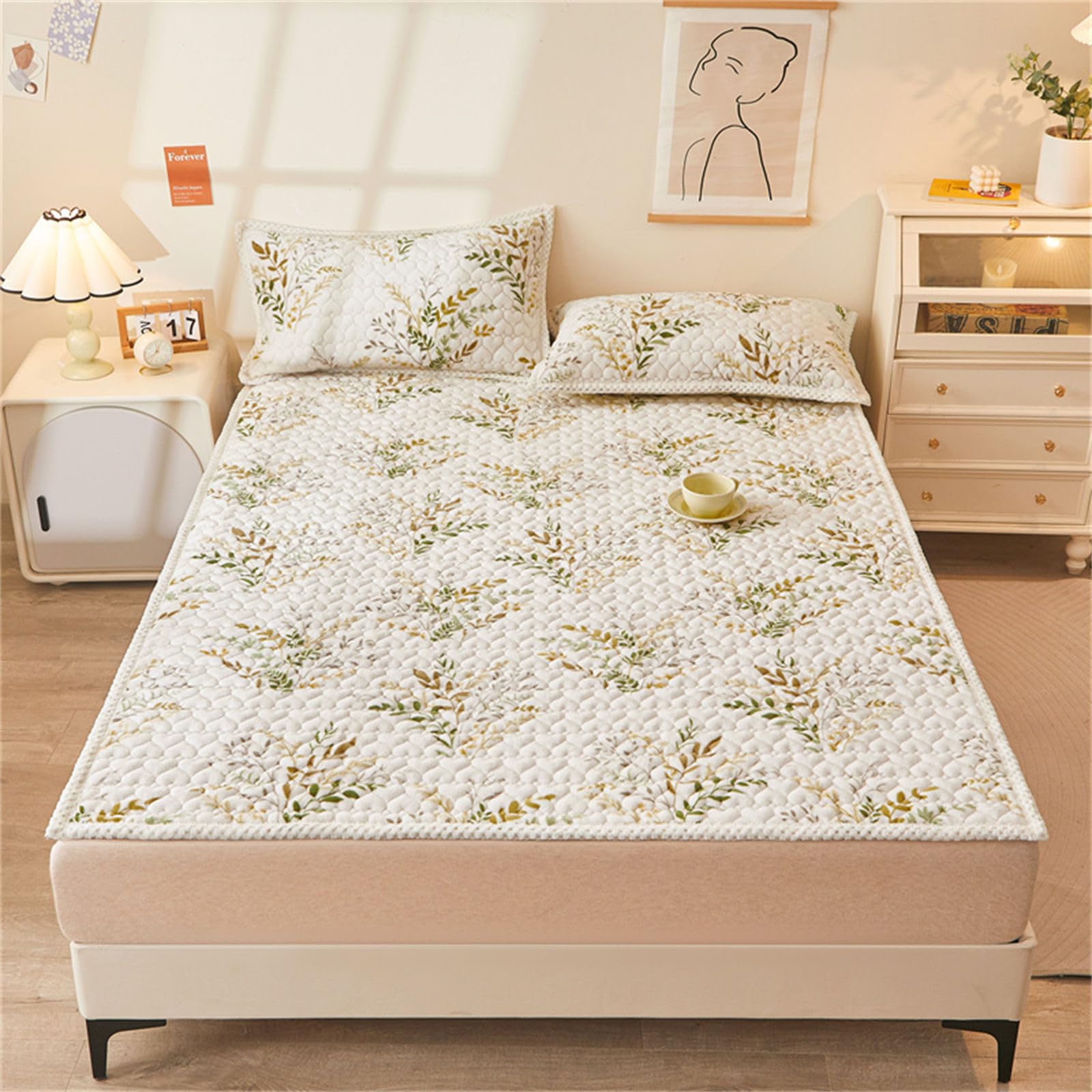 Odot Protector de Colchón Acolchado Franela, Protectores de Colchón Funda de Colchón con 4 Bandas Elásticas Cubre Colchón Suave Comodo Sábana Protectora para Cama (180x200cm,Plantas Verdes)
