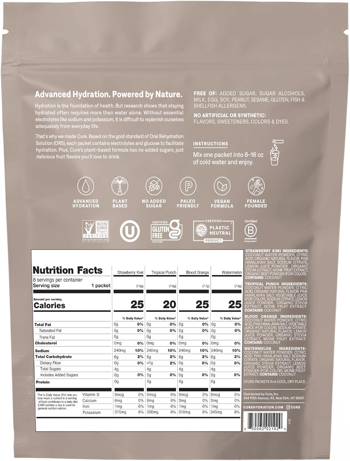 Cure Hydration | Plant-Based Electrolyte Drink Mix | No Added Sugar | FSA-HSA | Dehydration Relief Powder Made with Coconut Water | Non-GMO | Vegan | 8 Packets - Tropical Variety Pack - Image 2