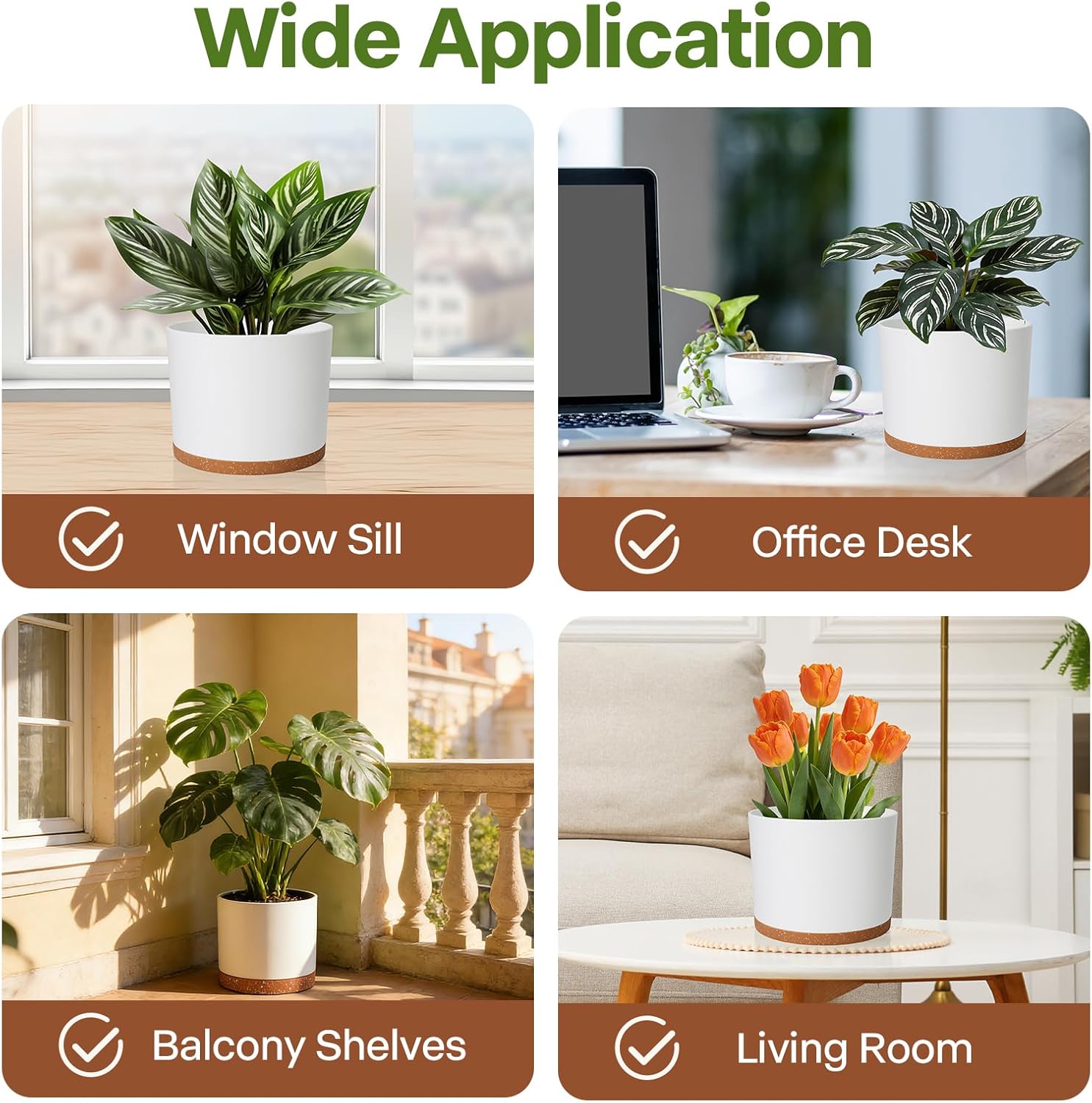 GARDIFE 10/9/8 Inch Modern Cylinder Planter, Plant Pots for Indoor Outdoor Plants, Flower Pots with Drainage Holes and Saucers for Garden Succulent Nursery House Plants (White-Brown)