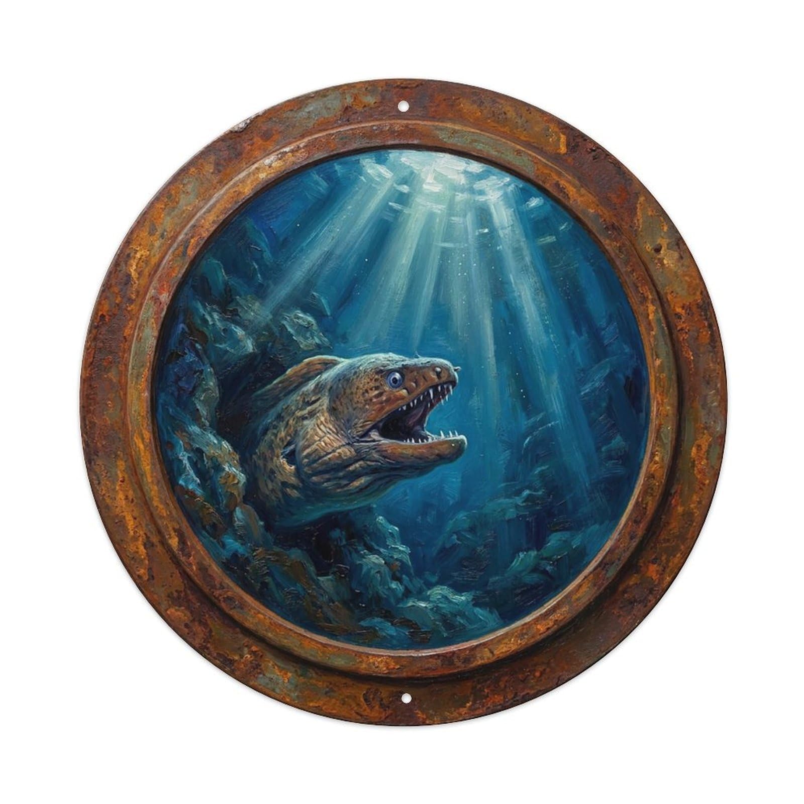 Vintage Porthole Moray Eel Jaw Ship Window Under Deep Metal Tin Sign