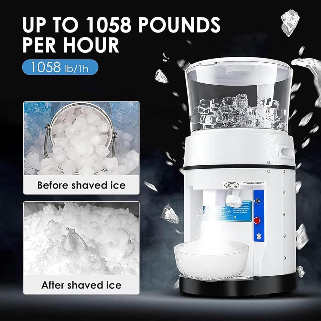 Broyeur à glace, 350 W, machine à glace pilée de table de 480 kg/h avec capacité de 11 L pour cocktails, smoothies, boissons et autres friandises glacées