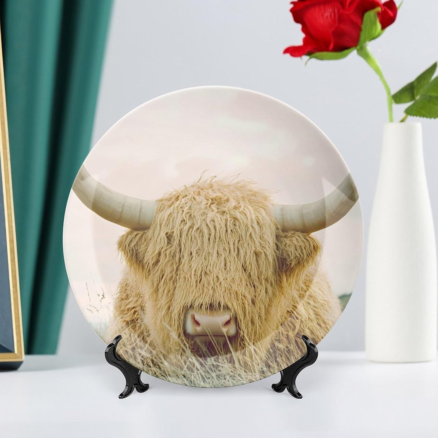 Cute Highland Cow Bone China Decorative Porcelain Plates Dinnerware Ornaments