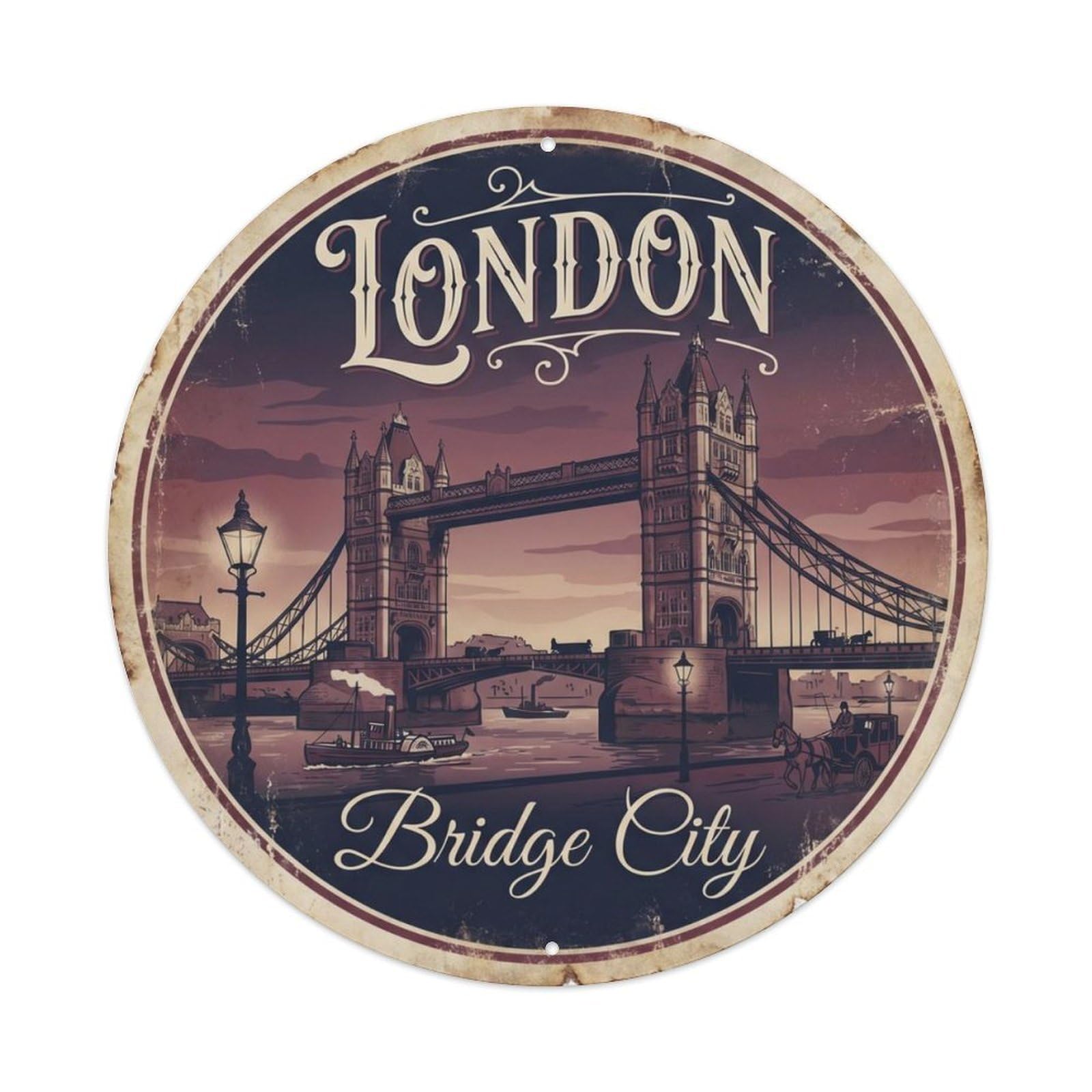 Vintage Travel Bridge London England Metal Tin Sign Plaque Wall Decor for Cafe, Club, Garden Round Metal Poster 8x8Inch