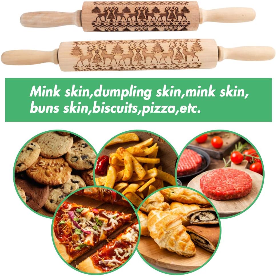 Koogel Embossed Rolling Pins Set, 2 Pcs Different Sizes Christmas Wooden Rolling Pins Parent-Child Reindeer Rolling Pins Pastry Rolling Pin for Cookies Crusts Pies Pastry Clay