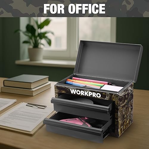 Miniatura 8 de WORKPRO Mini caja de herramientas de metal, caja de herramientas superior que contiene dos cajones con deslizadores de rodamientos de bolas, forros