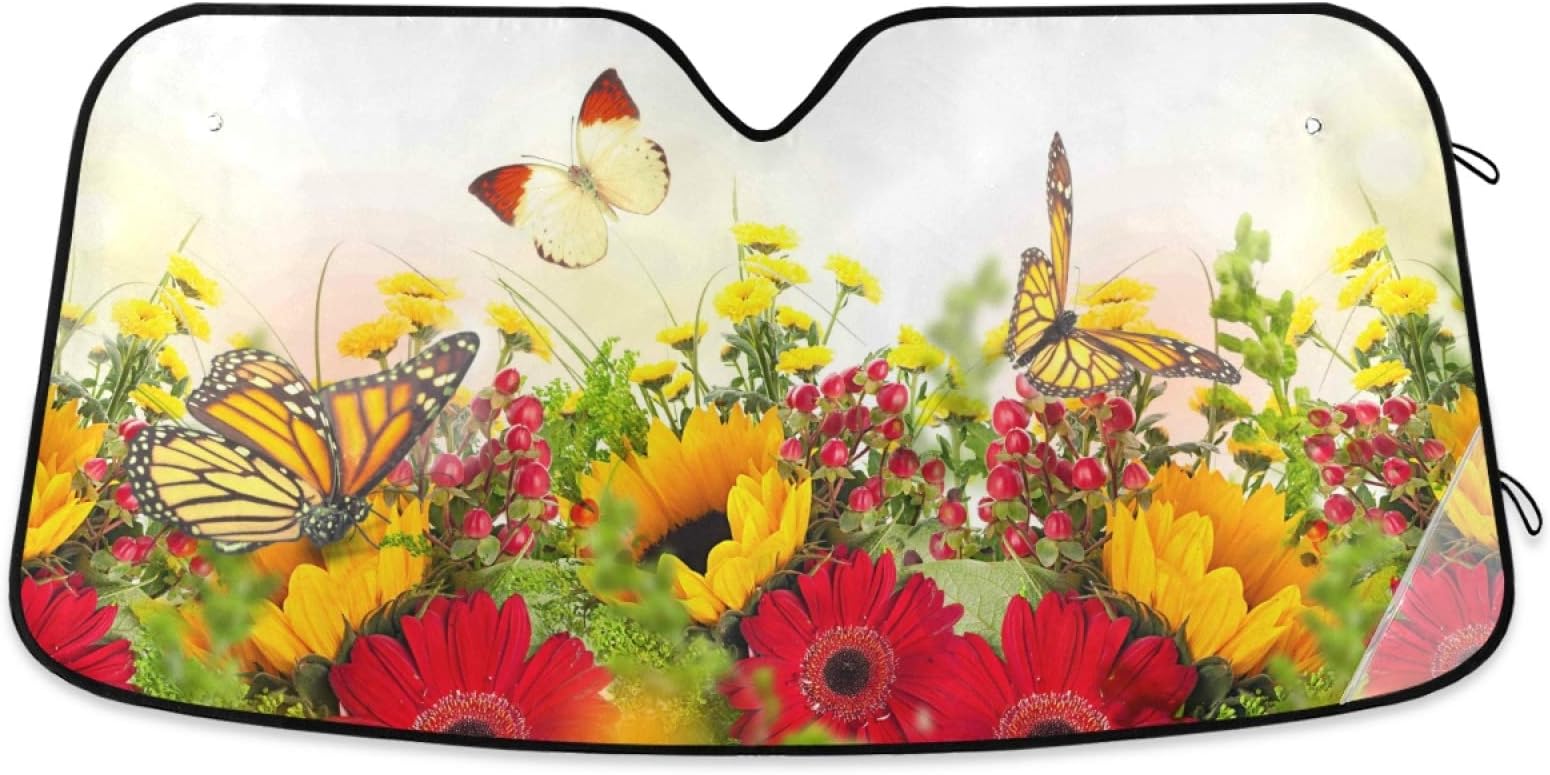 Daisy Sunflowers Butterfly Car Windshield Sun Shade Berry Poppy Flowers Sun Shades Reflective UV Rays Protector Keep Your Vehicle Cool Visor Cover Foldable Retractable for Car Truck SUV