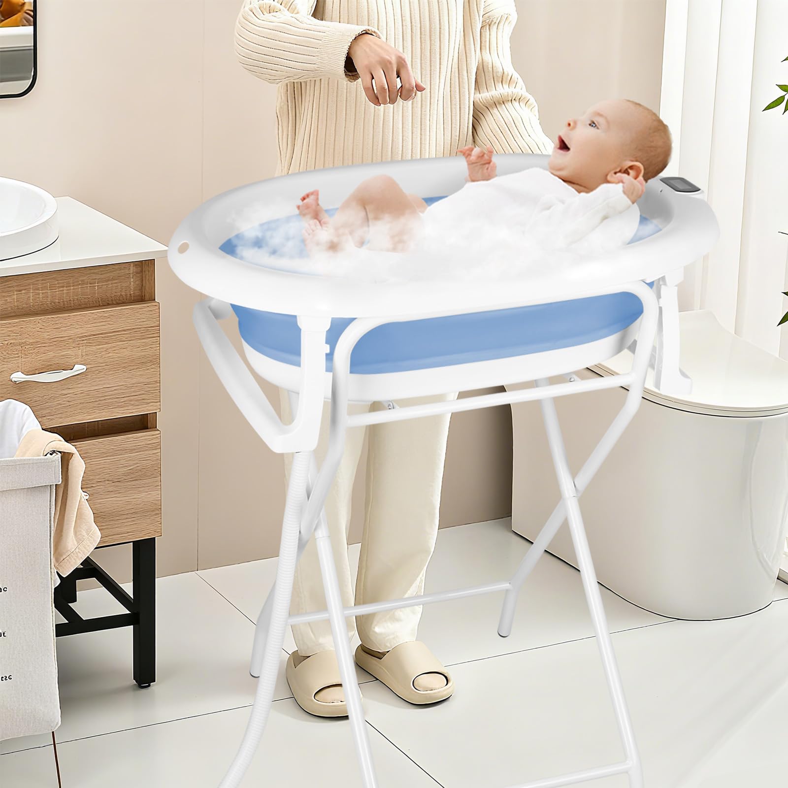 3 en 1 bañera plegable para bebé con manguera de drenaje – termómetro integrado – cojín de baño y correas de sujeción – bañera plegable para bebé escalable – regalo de nacimiento