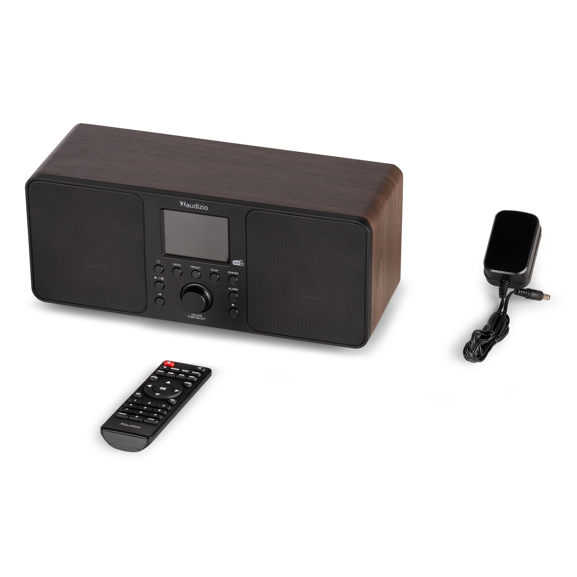 Audizio Genua DAB Radio mit Bluetooth – Stereo DAB Plus Radio mit Fernbedienung, 60 Speicherplätze, Auto Scan, Line-Out, USB, Ideal für Zuhause und Unterwegs, Einfache Bedienung - Holz Look