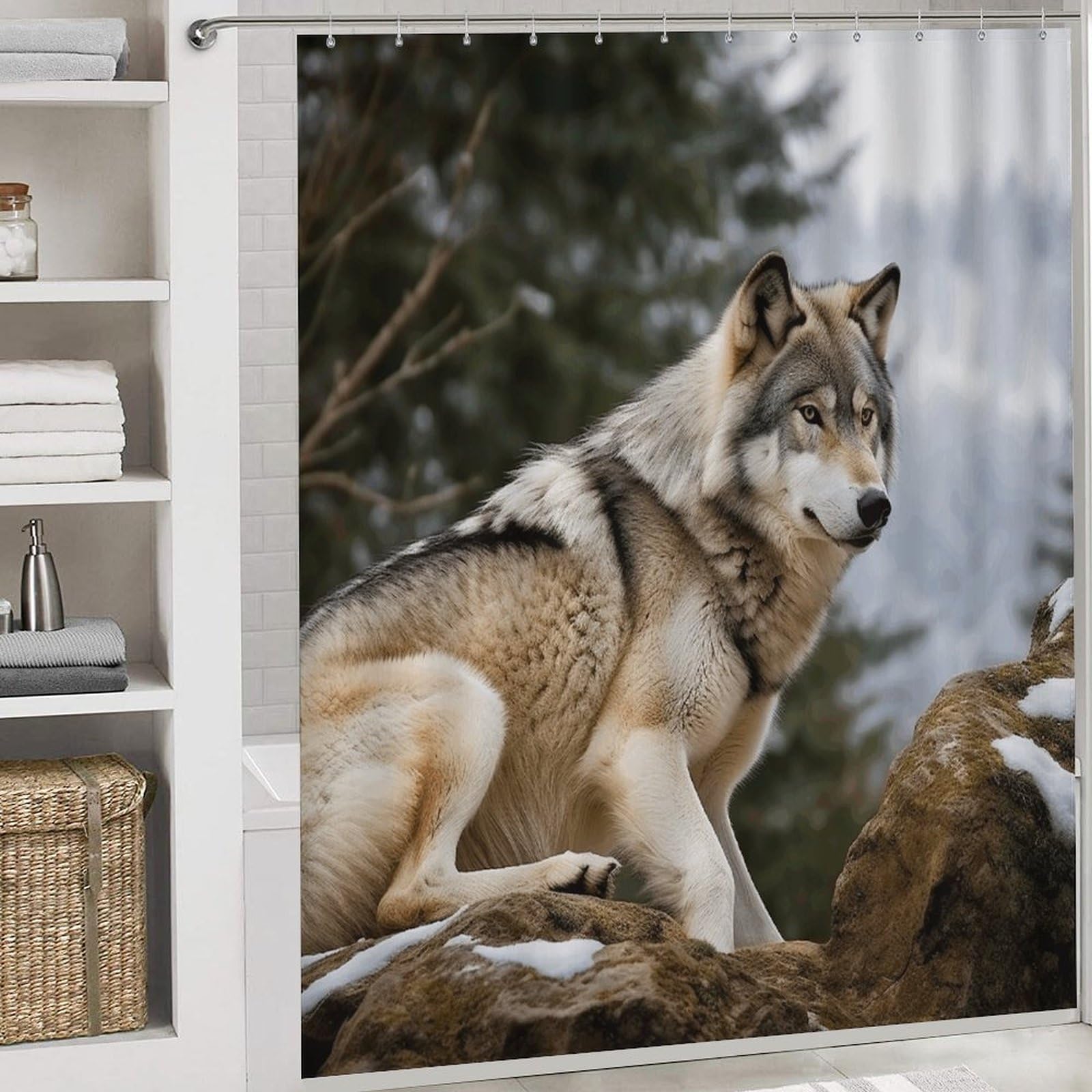 Ensemble de salle de bain 4 pièces avec rideau de douche et tapis Motif loup sauvage